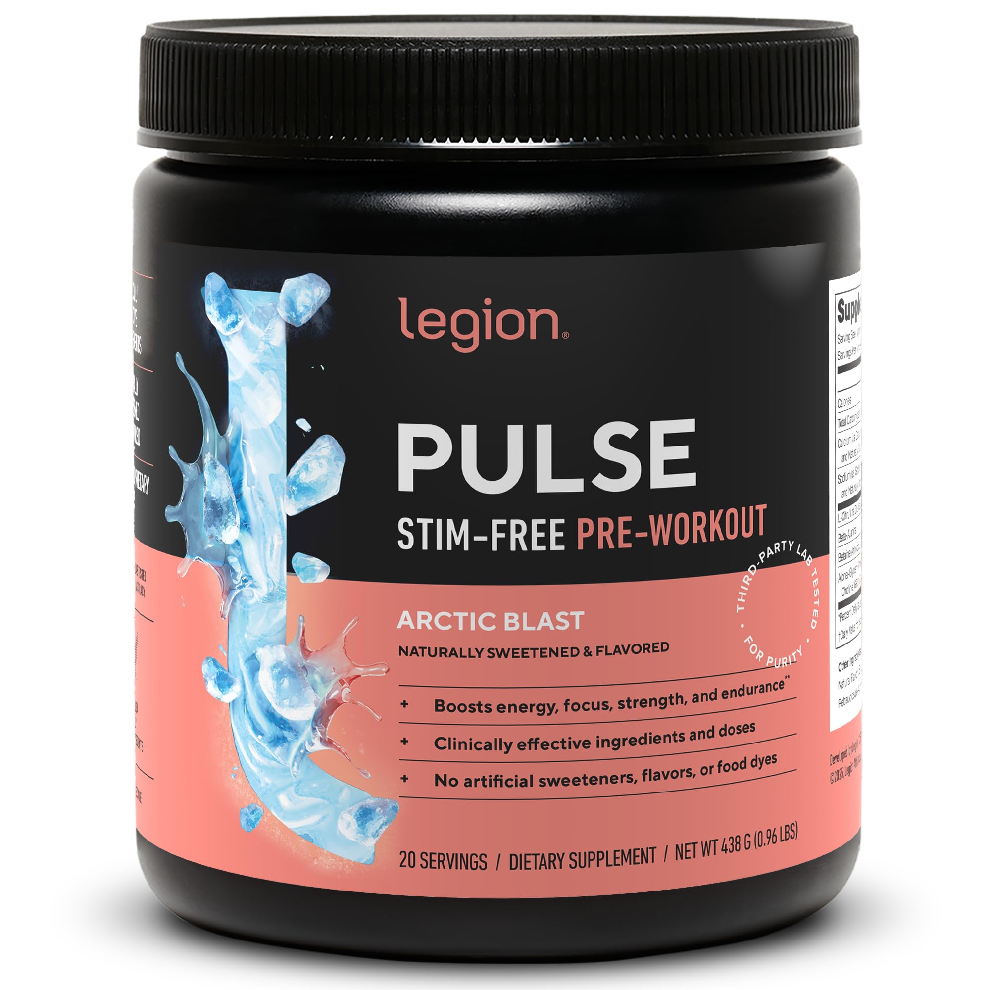 LEGION Pulse Pre Workout Supplement - All Natural Nitric Oxide Preworkout Drink to Boost Energy, Creatine Free, Naturally Sweetened, Beta Alanine, Citrulline, Alpha GPC (Caffeine Free Arctic Blast)