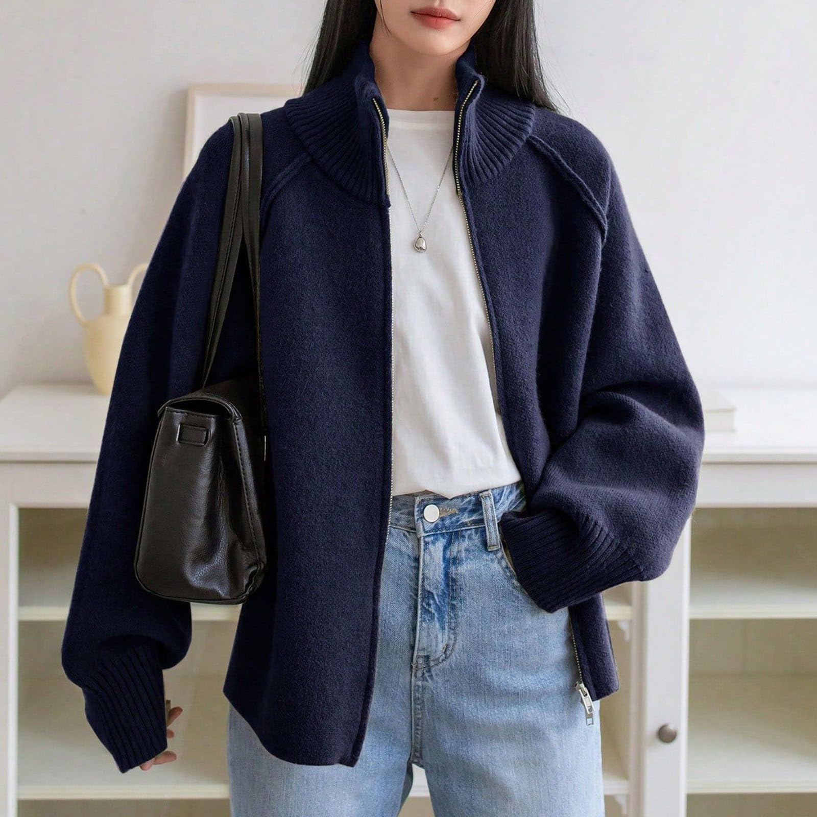 Maglione da donna, casual, con cerniera, cardigan, collo alto, maniche lunghe, morbido, caldo, vestibilità larga, top per l'inverno