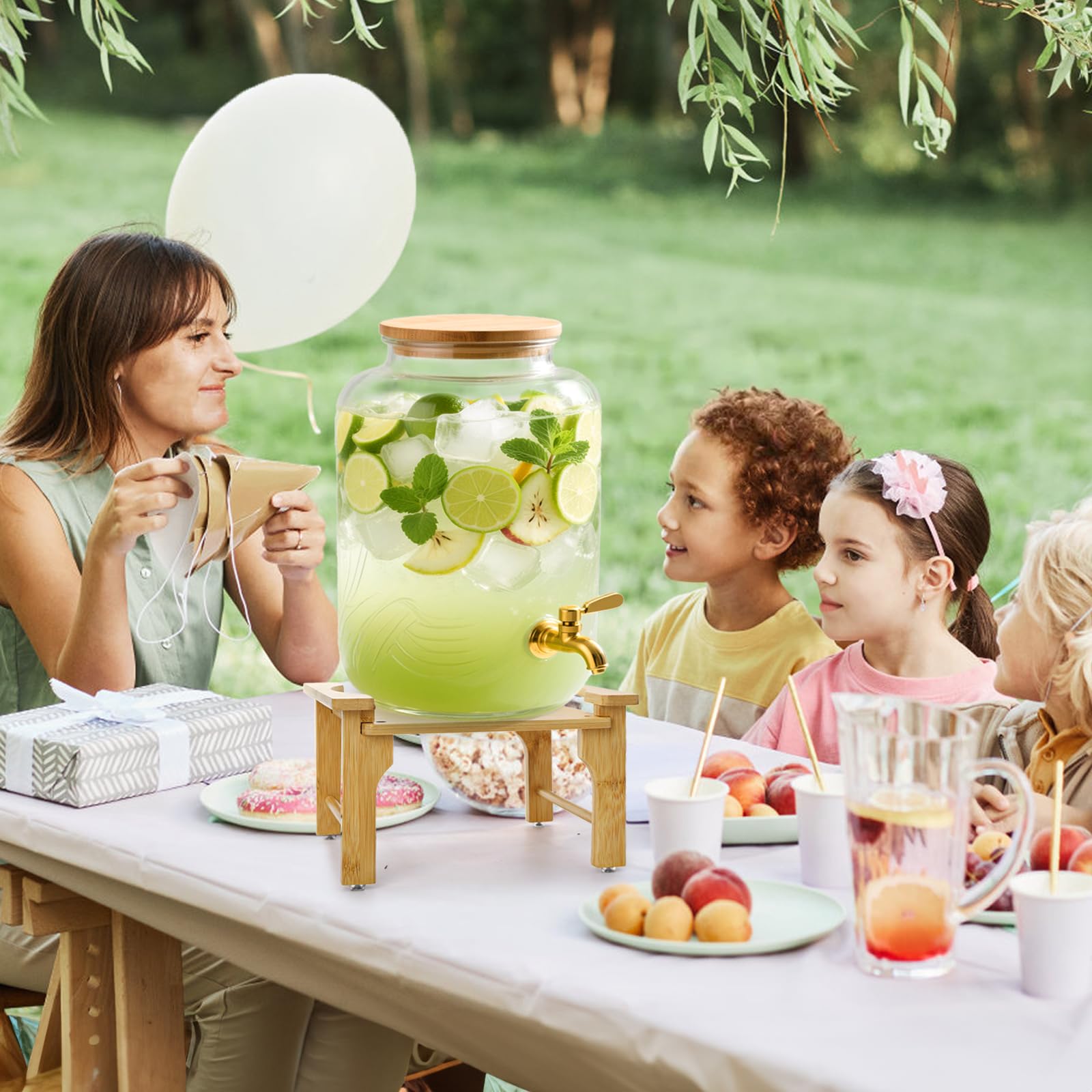 Tebery Soporte dispensador de bebidas de bambú natural, base de jarra de agua de vidrio, se adapta a 6-8 pulgadas de diámetro para el hogar, fiestas y eventos de catering