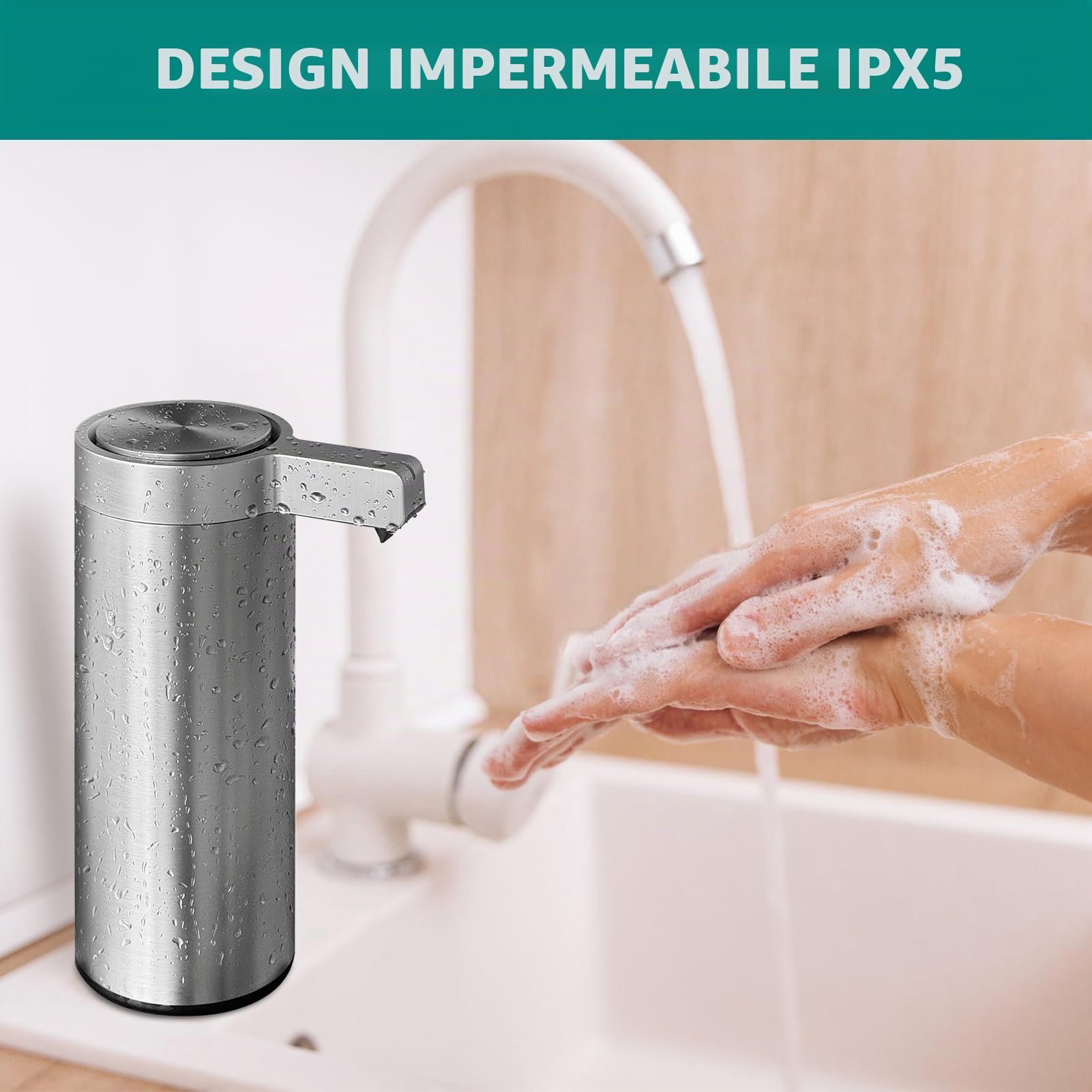 Distributore Automatico di Sapone in Acciaio Inossidabile con Sensore a Infrarossi da 9 oz. Elettrico Impermeabile IPX5 Ricarica USB-C con Sensore di Movimento (Argento)
