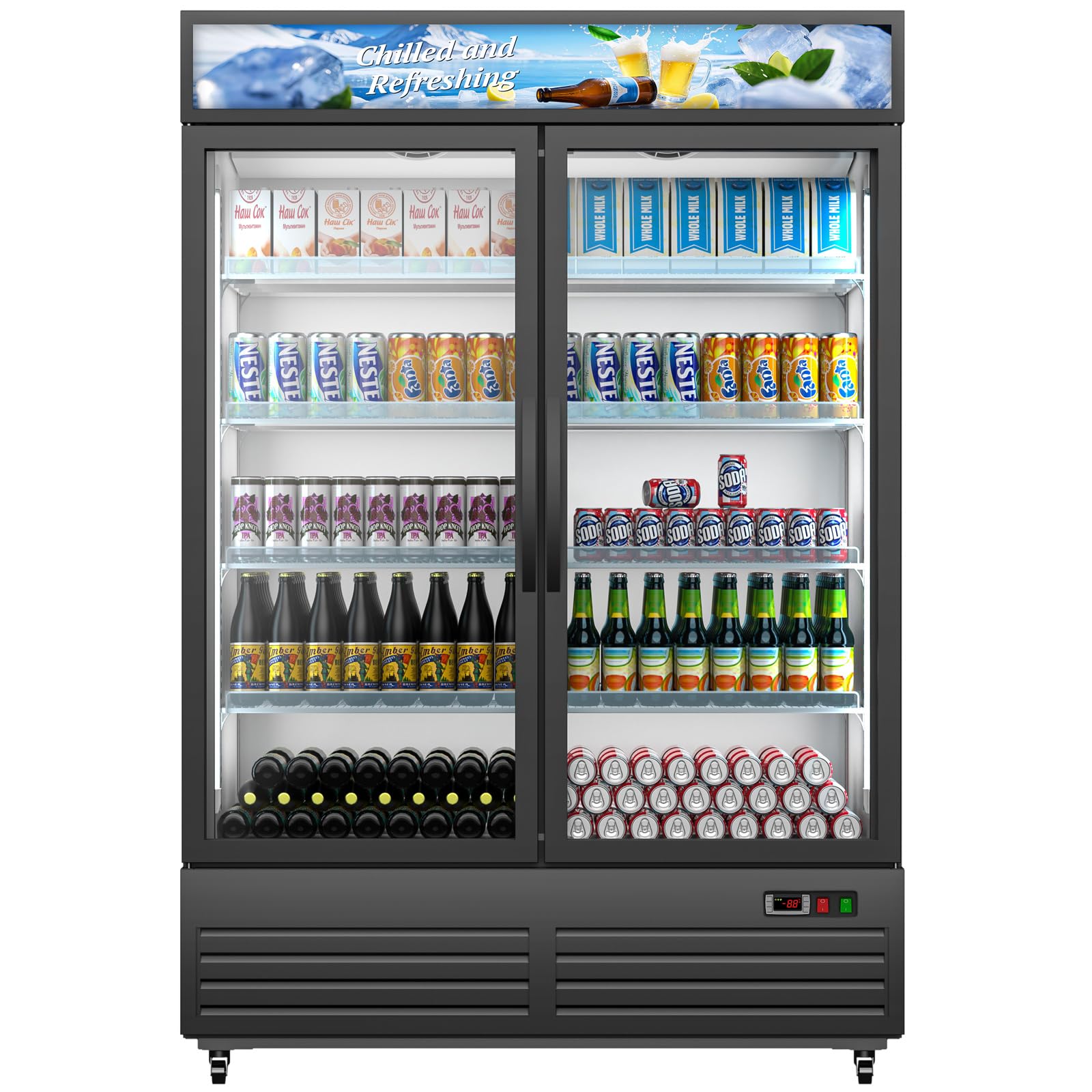 Commercial Beverage Refrigerator with 2 Glass Door, 41.3 Cu.Ft Display Fridge Beverage Cooler with Customizable Lightbox Adjustable Shelves, Drink Fridge Merchandiser for Restaurant Shop, Black