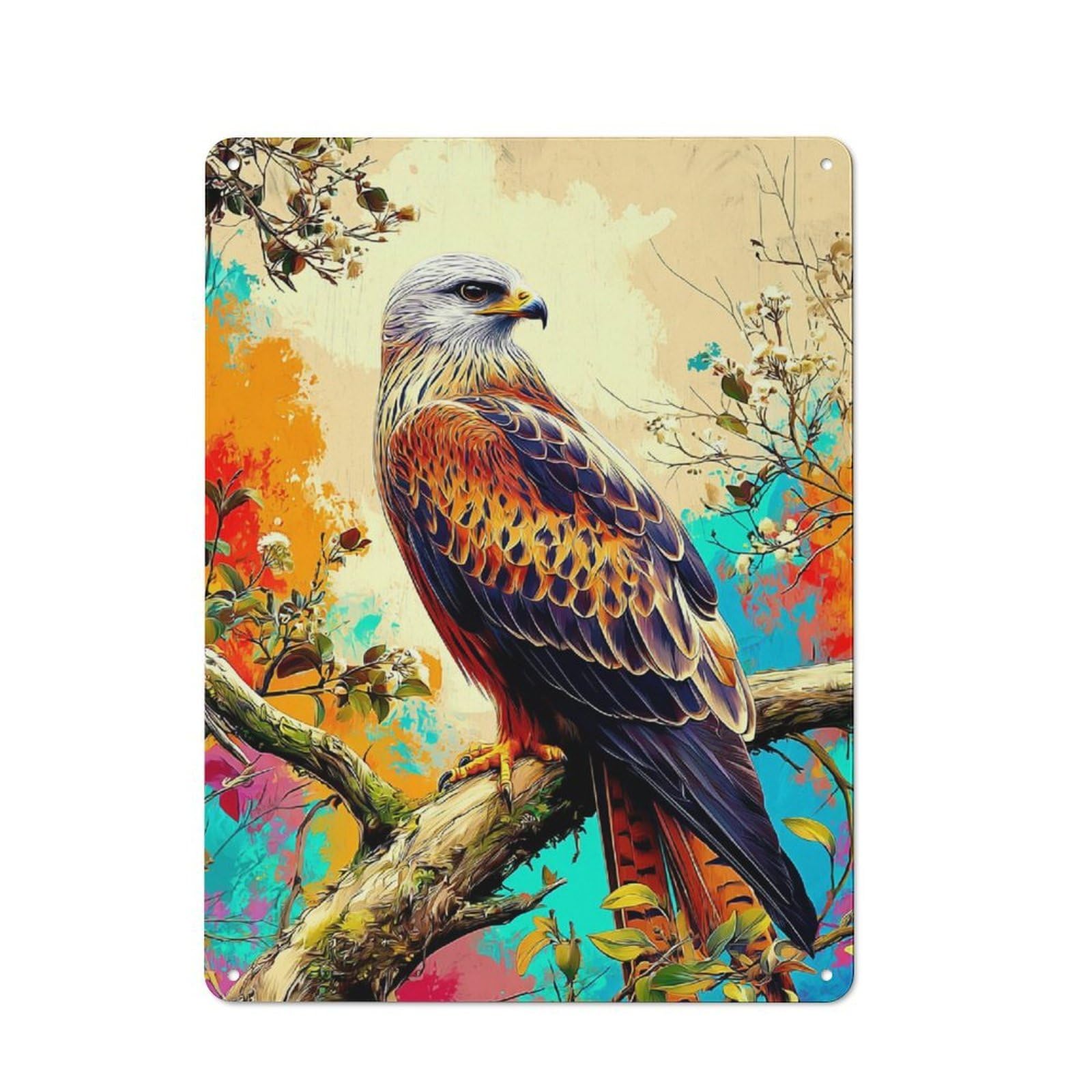 Junmoney Colorful Eagle Perched On Branch -2 Metal Sign 40X30cm With For Workshop Wall, Rustic Decor, Wall Decoration For Workshops And Hobby Rooms