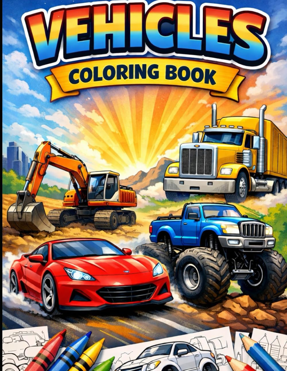 Fun Cars, Trucks, Construction Vehicles & Easy Coloring Pages for Toddlers and Preschoolers (Ages 3-6 years)