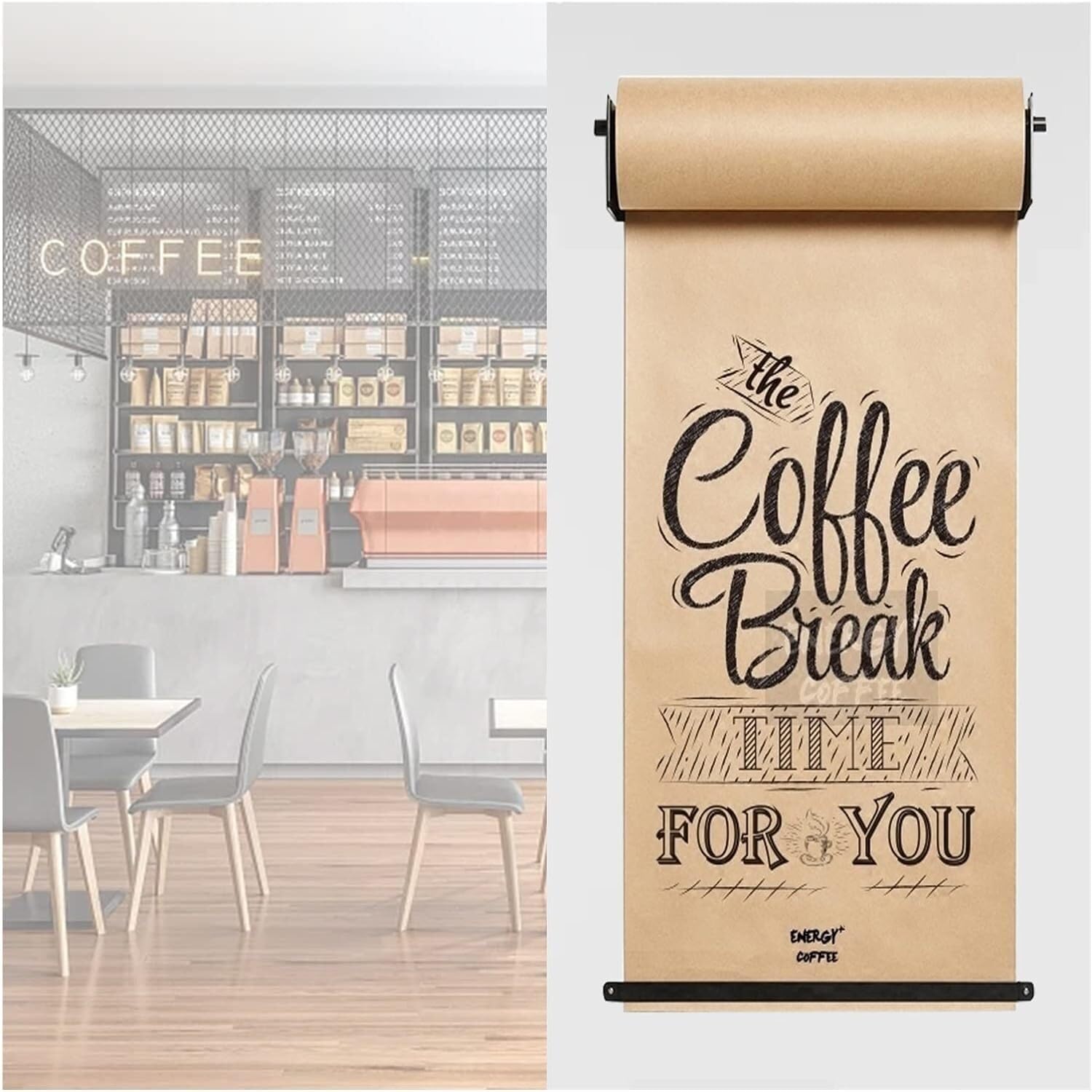 Wytrzymały wzmocniony uchwyt i dozownik rolek papieru typu kraft do kawiarni, do codziennych list specjalnych/notatek menu, rolka papieru kraftowego o długości 50 m, szerokość stalowej ramy