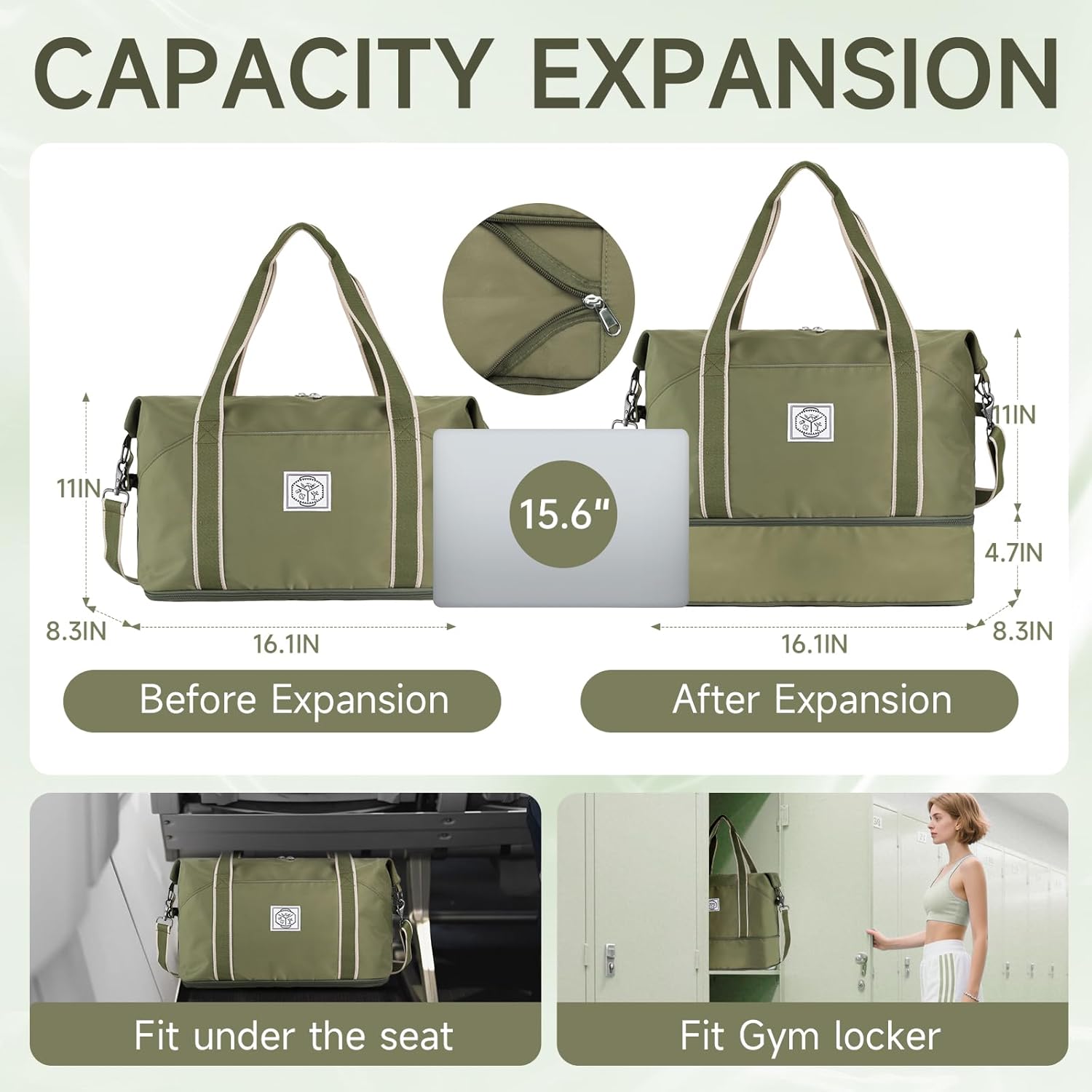 WALNEW Travel Duffel Bag, Weekender Overnight Carry On Bag for Women Men, Foldable Waterproof Gym Luggage Duffle Bag with Metal Buckle Detachable Shoulder Strap and Wet Compartment (Army Green) - Image 2