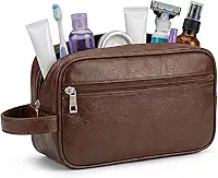 Necessaire Masculina de Couro, Impermeável, com 2 Divisórias, Organizador de Viagem Executivo para Higiene e Barba (Marrom)
