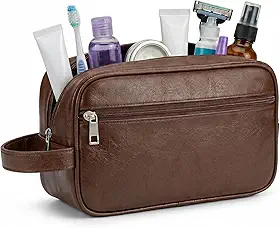 Necessaire Masculina de Couro, Impermeável, com 2 Divisórias, Organizador de Viagem Executivo para Higiene e Barba (Marrom)