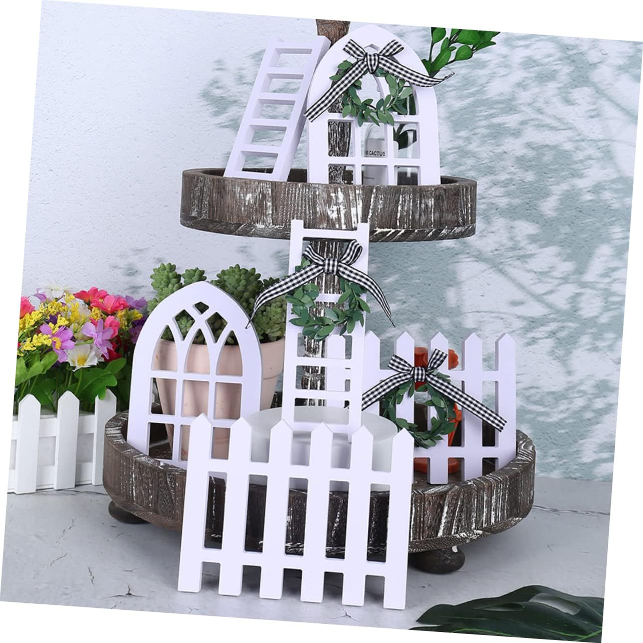3 Piece Wooden Farmhouse Tiered Tray Ladder Decor Set for Desk