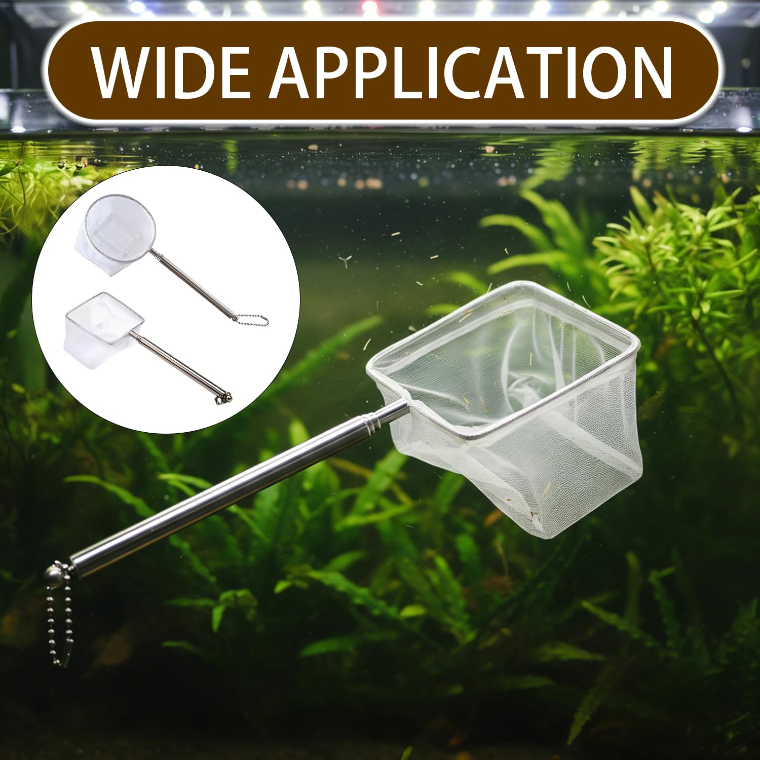 2 Stück Aquarium Kescher Set, Feinmaschiges Fischnetz mit Ausziehbarem Edelstahlgriff, Weißes Quadratisches & Rundes Netz für Garnelen & Kleine Fische, Sicheres Aquarium Zubehör zur Reinigung