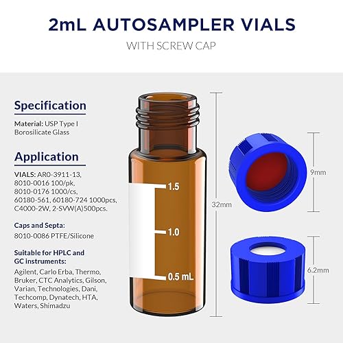 Vista 21 de Viales de muestreo automático de 0.1 fl oz con área de escritura y graduaciones, HPLC 9-425, tapón de rosca, PTFE blanco y septa de silicona roja