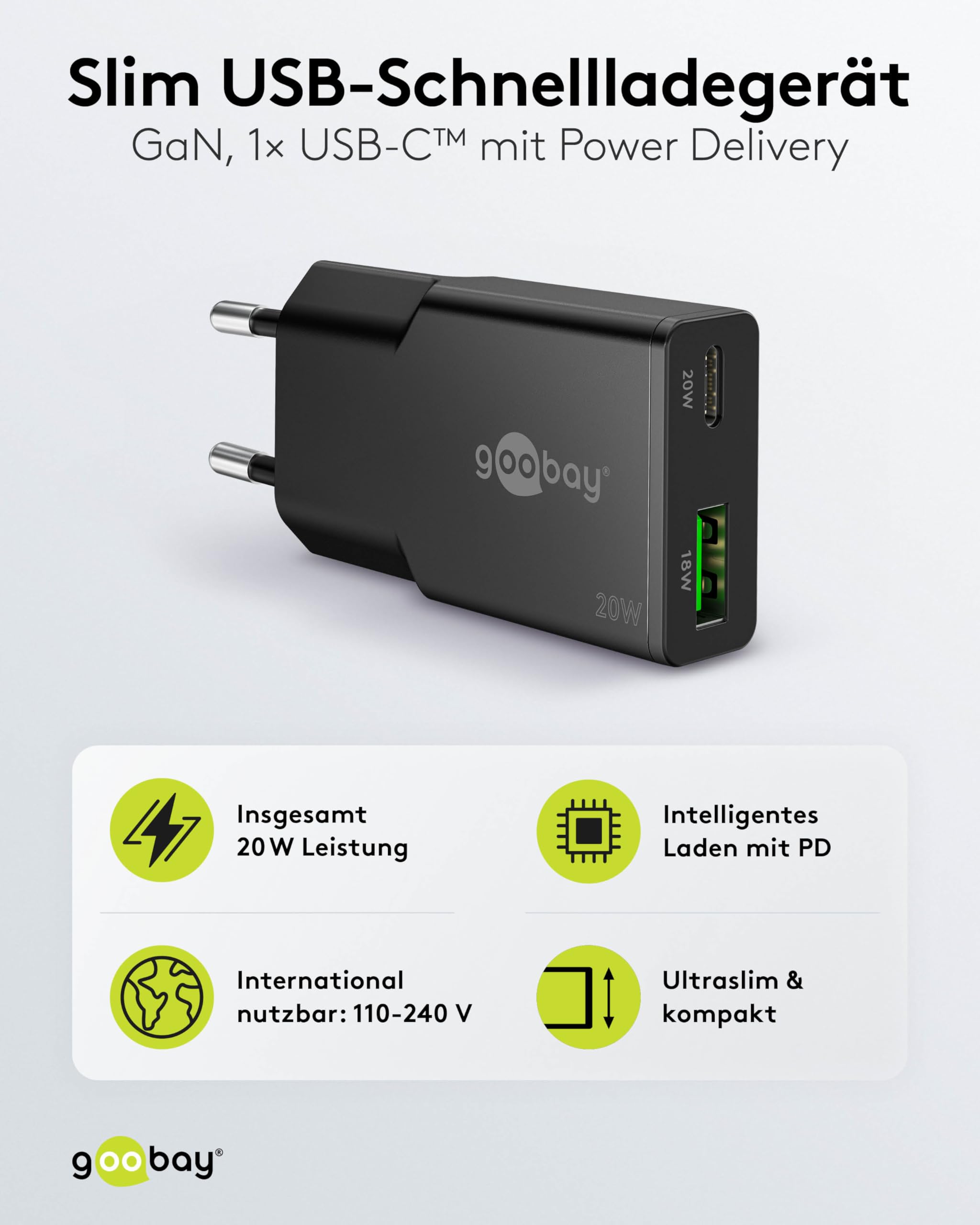 goobay Caricatore rapido USB-C PD GaN Dual Slim 20W (nero) Alimentatore Power Delivery, connettore USB-A Quick Charge, alimentatore di rete per smartphone e tablet - 75729