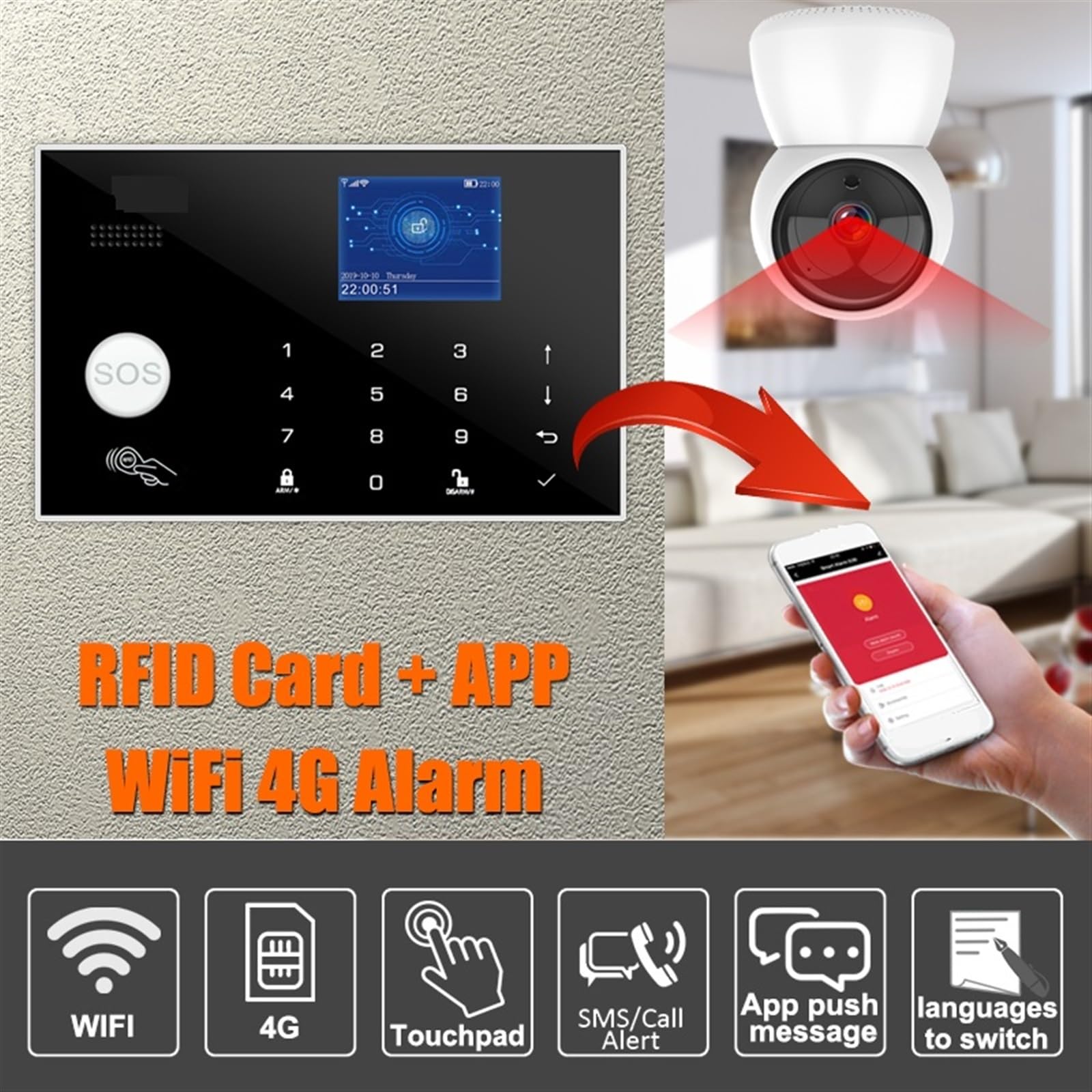 de alarma seguridad for el hogar 4G, Tuya, GSM, antirrobo, Control aplicación, soporte trabajo, Sensor inalámbrico y cableado 433MHz Para casa y garaje(Set 8)