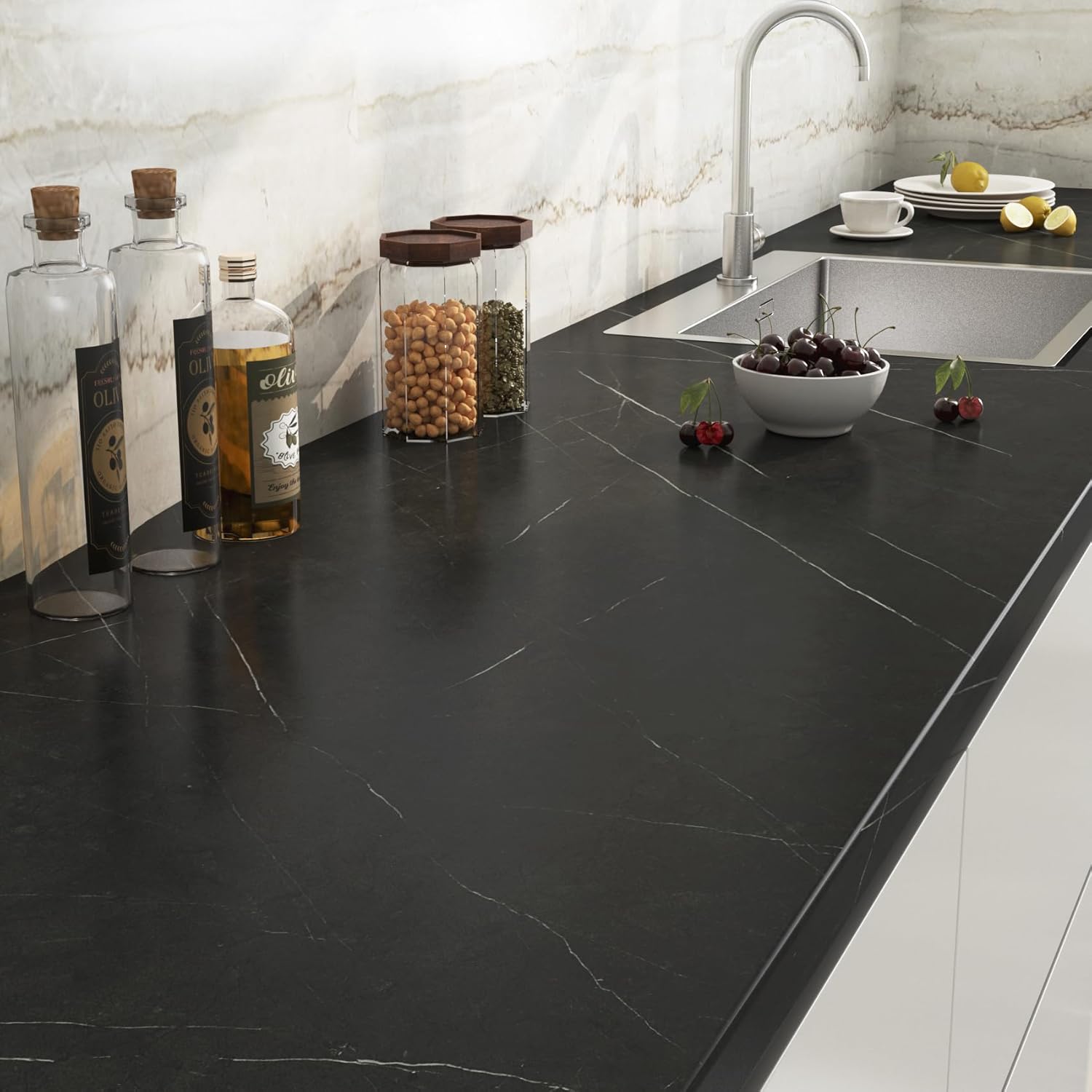 Stickyart 36"x160" Nero Marquina Black Marble Contact Paper for Countertops Waterproof Kitchen Marble Peel and Stick Wallpaper Self Adhesive Thick Vinyl Countertop Wrap Matte Contact Paper for Counter