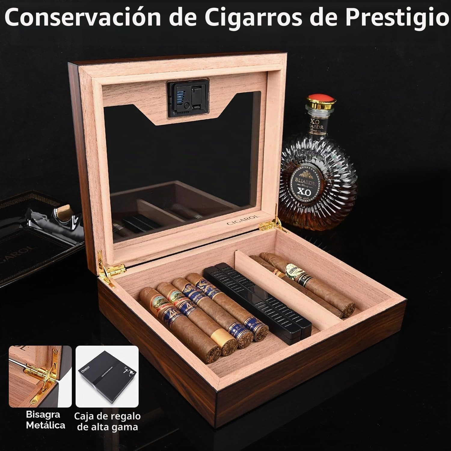 Humidor Puros, Caja Puros con Humidificador y Higrometro, Humidor para 25-35 Puros, Grandes Regalos para Hombres (Puros No Incluidos)