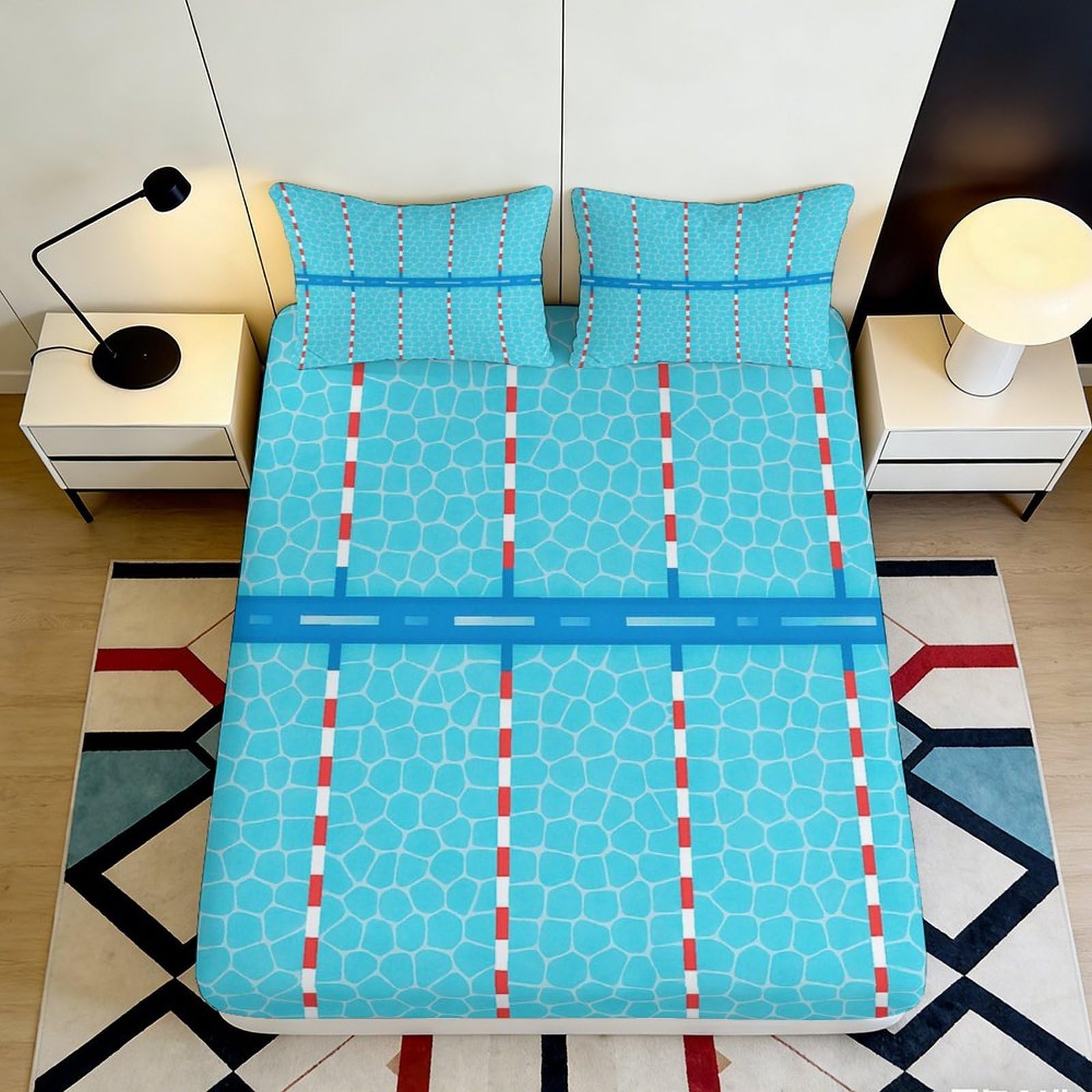 3D Printed Turquoise Geometric Fitted Sheet Microfiber, Bed Cover for Mattress Protection, Anti-Slip, Machine Washable, Bedroom Decor 90x200x25cm