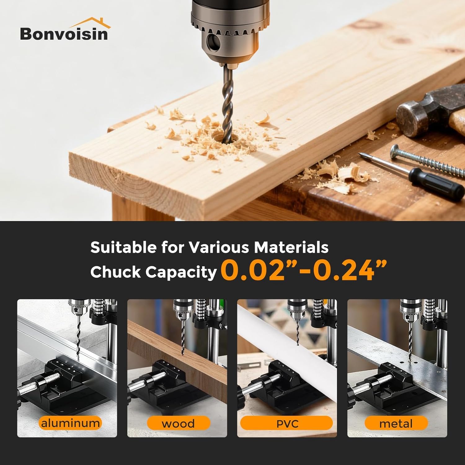Bonvoisin Taladro de Columna de Banco 3415rpm Altura Regulable 1.65” | Doble Alimentación, Portabrocas 0,02"-0,24", Altura Ajustable 0-1,65", 3415rpm, Motor Cobre, Para Madera/Metal/Plástico
