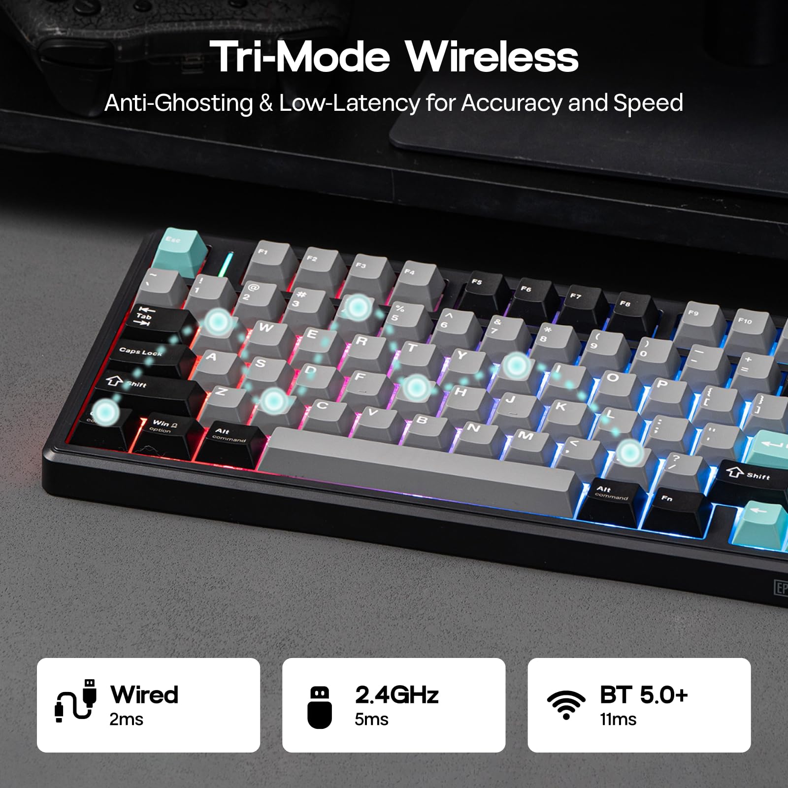EPOMAKER TH80 V2 75% Kabellose Mechanische Gaming-Tastatur, 8000mAh&2,4G/BT, Hot-Swap, Mac Modifier, RGB, Programmierbare Tasten & Knopf, Creamy Tastatur für Mac/PC (Schwarz, Creamy Jade) — view 8
