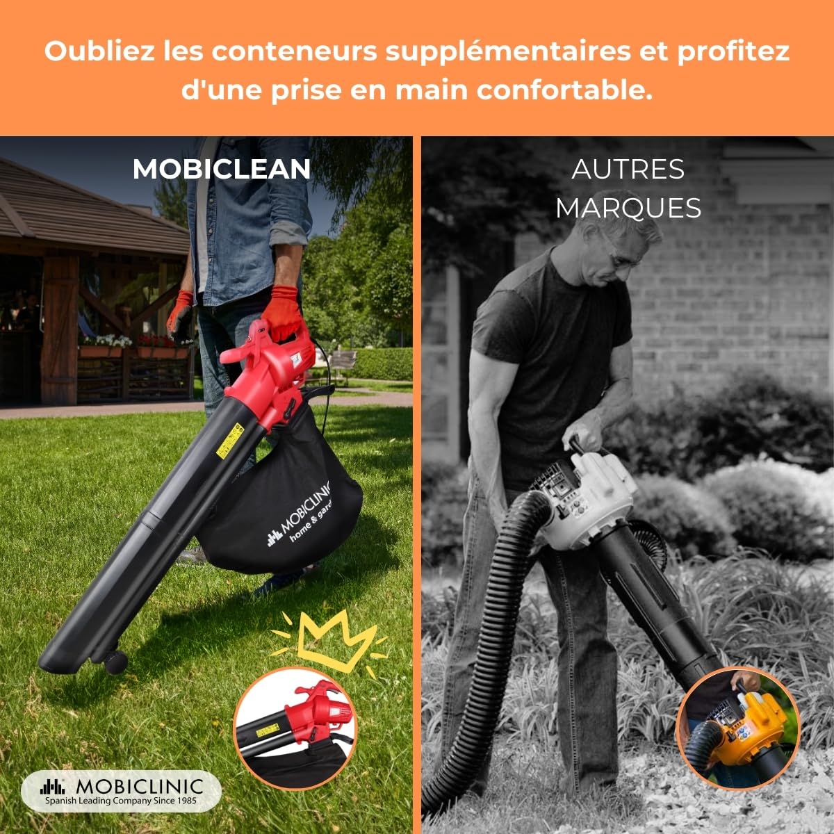 Mobiclinic®, Souffleur Feuille, Aspirateur Broyeur de Feuilles, 900w, 6 Vitesses, 3 en 1, Léger, 35l, Module d'extension, Vitesse Soufflage 270 km/h, pour Le Jardin, 220v, Bandoulière, Mobiclean