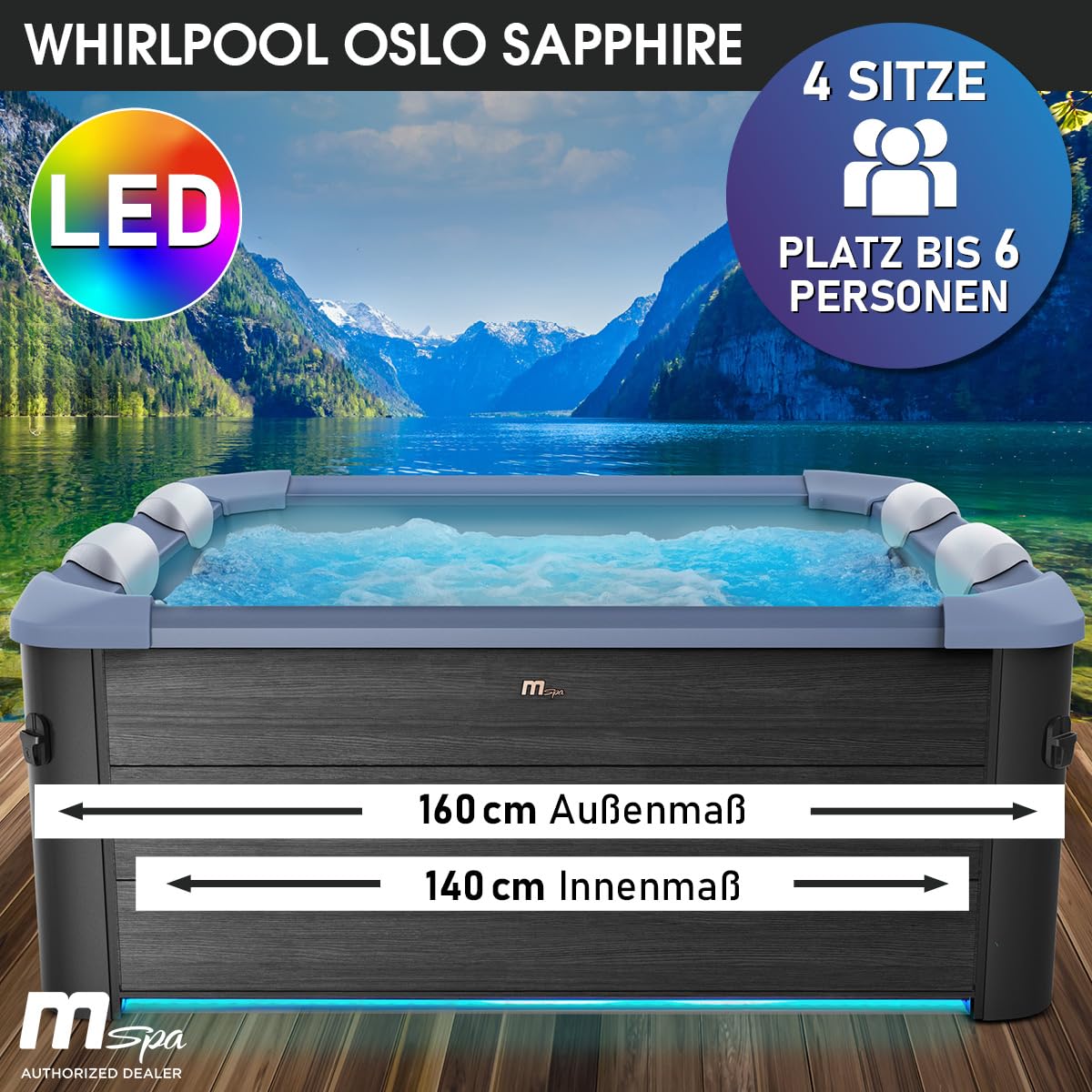 BRAST Whirlpool MSpa Oslo Sapphire | 160x160x65cm | 6 Personen | Feste Außenwand, LED-Beleuchtung mit 20 einstellbaren Farben, 120 Massagedüsen, Winterfest ganzjähriger Einsatz, In & Outdoor
