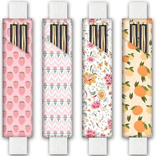4Pcs 4 Styles Elastic Band Pen Holder for Notebook 7.9 x 1.8 Inch Elastic Pencil Pouch Strawberry Orange Flower Design Adjustable Band Leather Pen Case for Journal Planner Diary Office Use