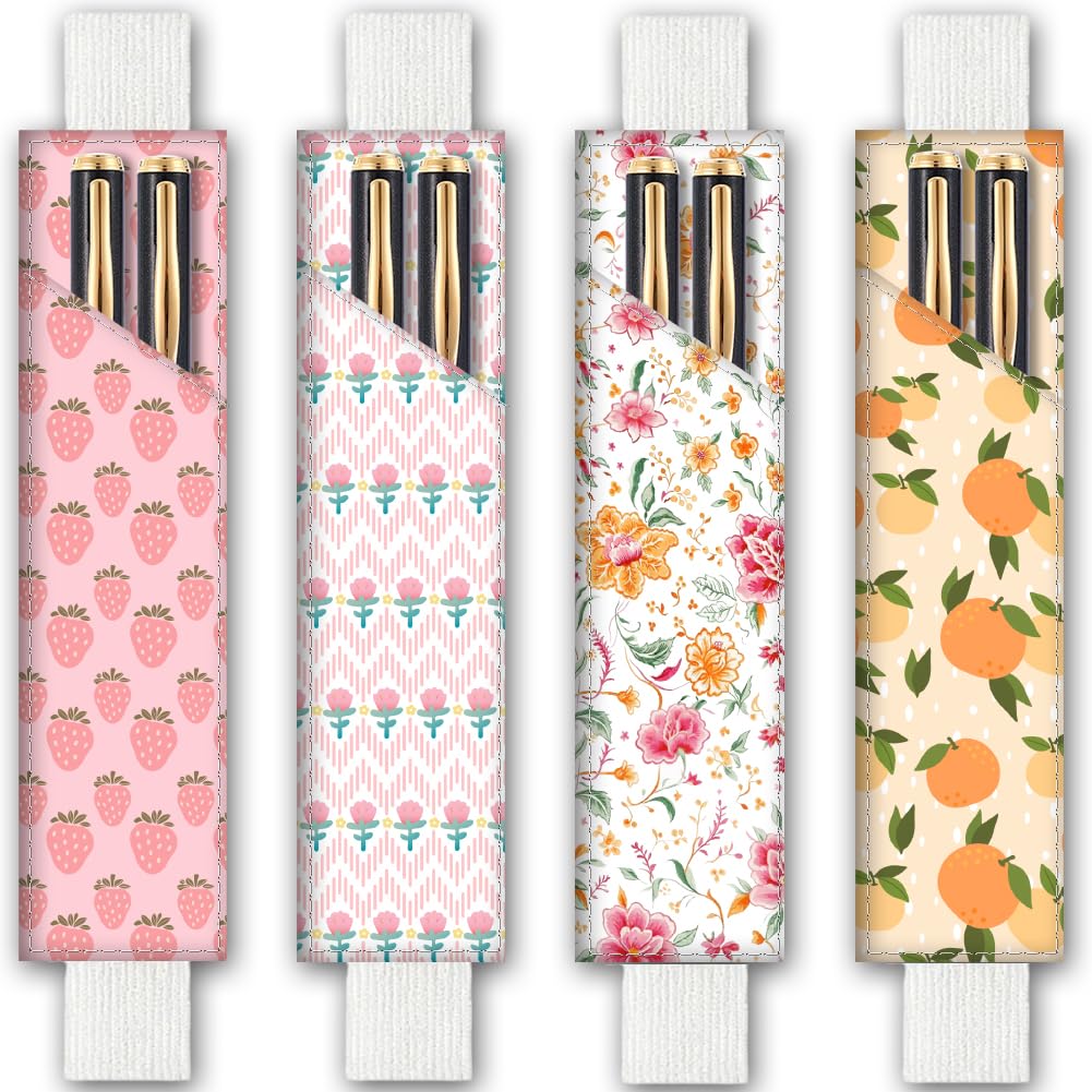 PRESSINART 4Pcs 4 Styles Elastic Pen Holder for Notebook 20 x 4.5 cm Elastic Pencil Pouch Strawberry Orange Flower Design Adjustable Band Leather Pen Case for Journal Bible Planner Diary Office Use