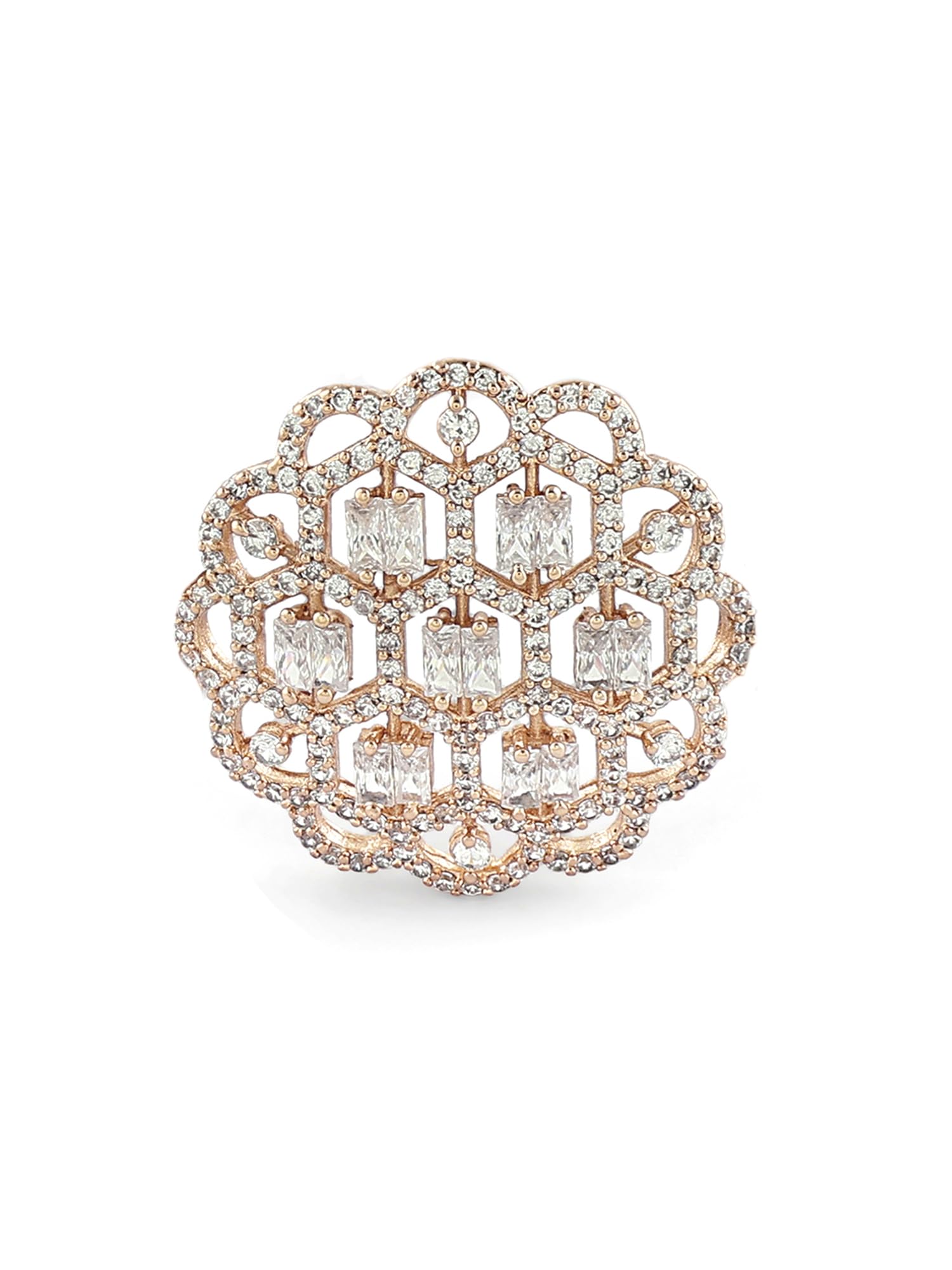 ZAVERI PEARLS Rose Gold Dazzling Cubic Zirconia Party Bling Statement Brass Adjustable Finger Ring For Women-ZPFK16893