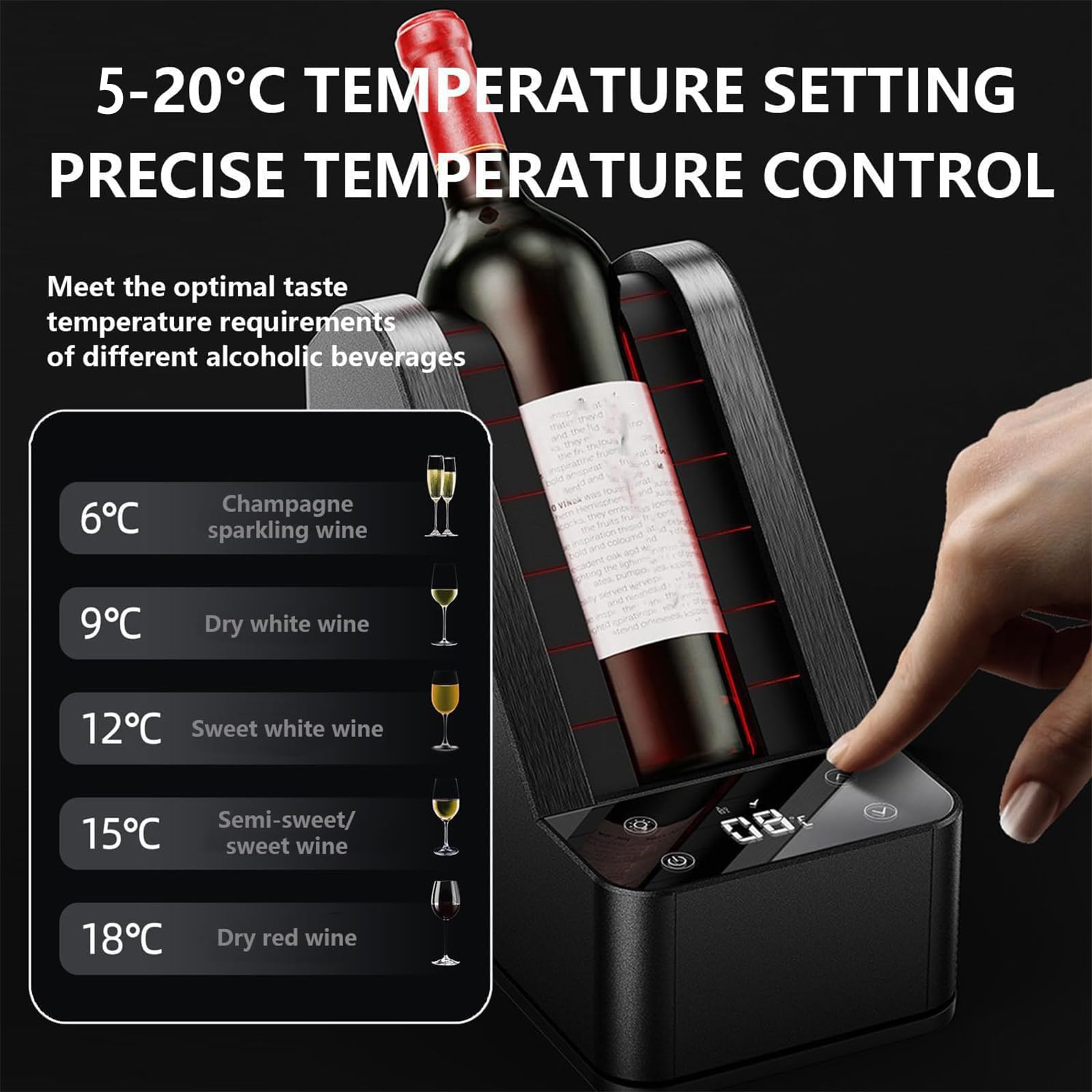 Enfriador de vino eléctrico portátil, control de temperatura de 5 a 20 °C, se adapta a botellas de 750 ml de hasta 96 mm, control táctil y pantalla LCD para el hogar, restaurante y hotel