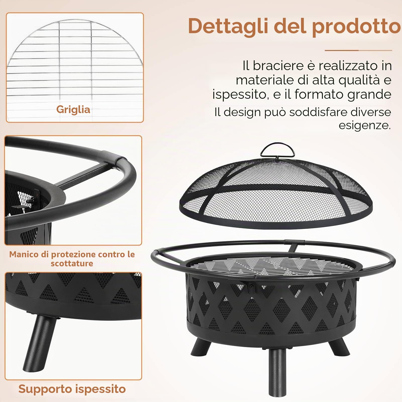 TLSUNNY Braciere con Griglia, Grande Braciere da Giardino con Parascintille & Attizzatoio, Ø 80 cm Bracieri da Esterno per Barbecue, Multifunzionale, Barbecue e Riscaldamento