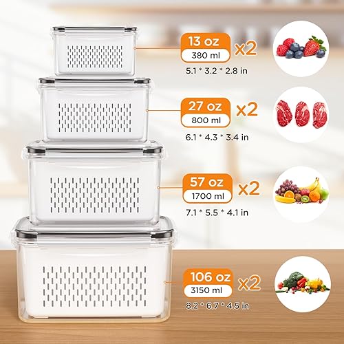 Miniatura 2 de Paquete de 8 recipientes de almacenamiento de frutas para refrigerador, recipientes de frutas a prueba de fugas para refrigerador con coladores,