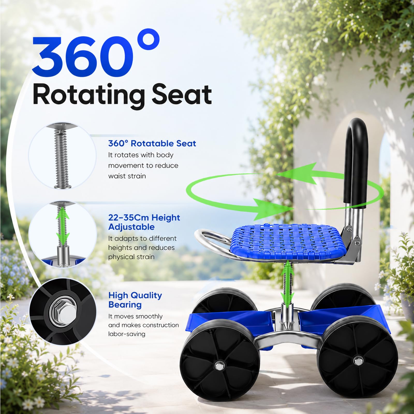 Sgabello Giardino, Carrello Giardino con Ruote Sedile Mobile Panca Lavori in Ginocchio Carrello Girevole a 360° Altezza Regolabile Sgabello Mobile con Maniglia e Vano Portaoggetti Portata fino a 150kg