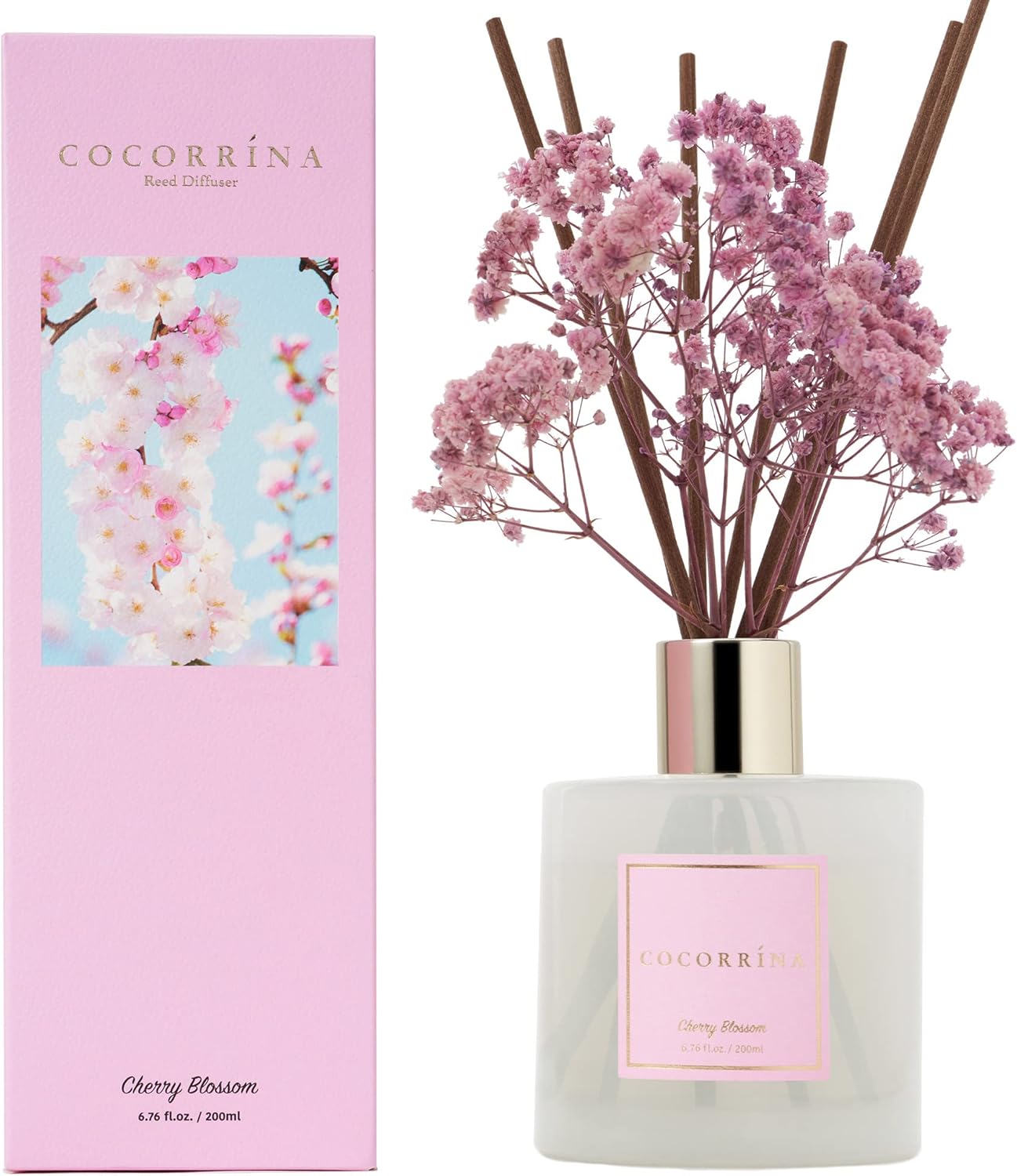 Cocorrína Room Fragrance Reed Diffuser with 8 Fragrance Sticks, 200 ml, Cherry Blossom, Natural, Long-Lasting, Home Fragrance Essential Oil Reed Diffuser for Bathroom Shelf Decoration