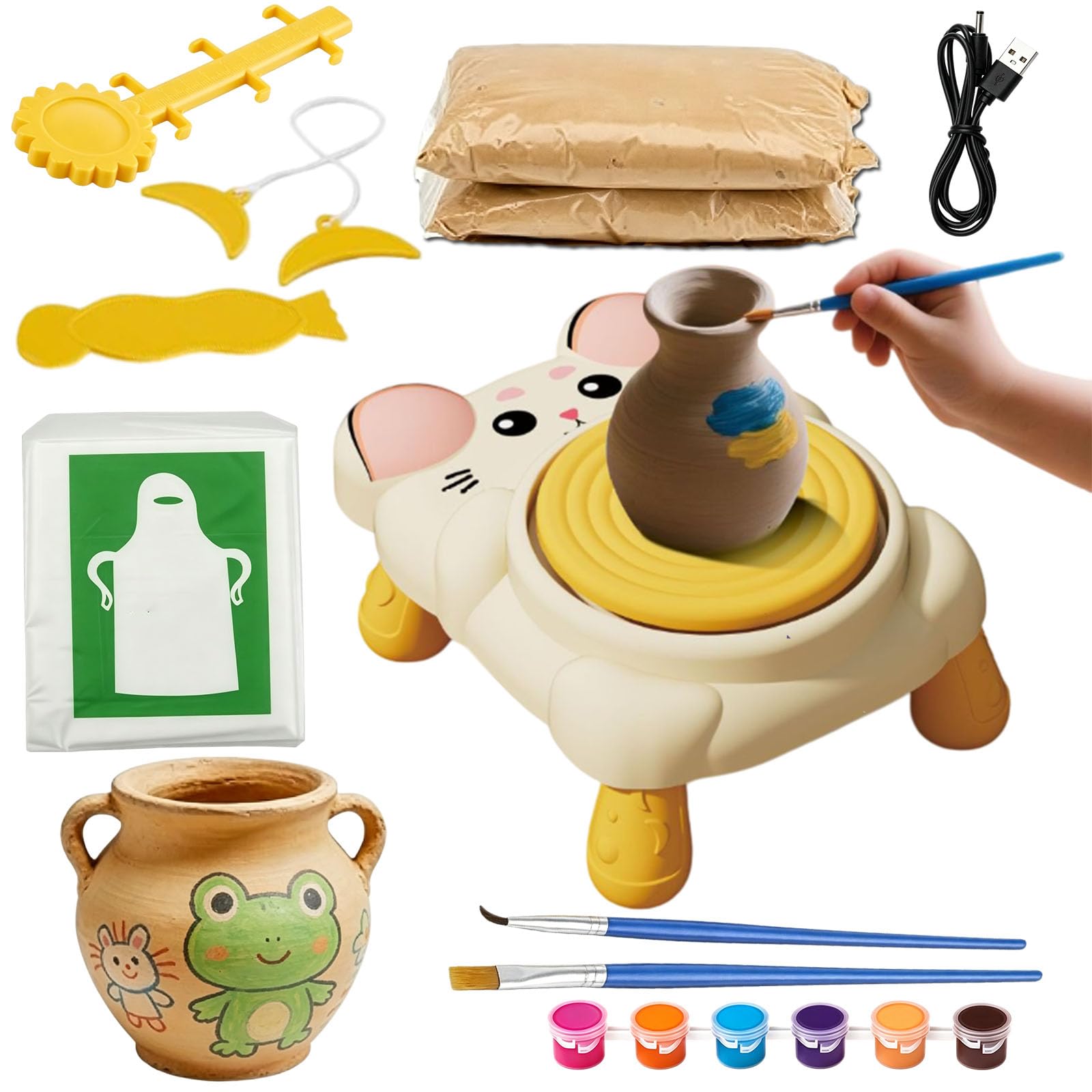 Kids Pottery Wheel Set, Complete DIY Arts and Crafts Kit with Air Dry Clay, Sculpting Tools, Foot Pedal, USB Powered Pottery Machine and Apron, Creative DIY Craft Gift for Children Ages 6–12