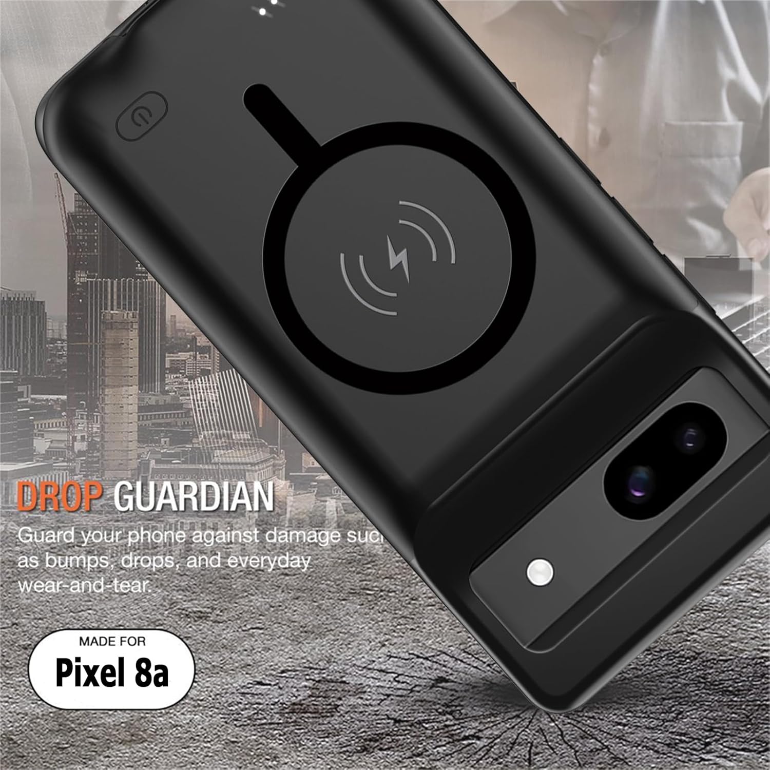 Battery Case for Google Pixel 8a, Upgraded 10000mAh Rechargeable Portable Charging Case with Wireless Charging Compatible for Google Pixel 8a (6.1 inch) Extended Battery Pack Charger Cover (Black)