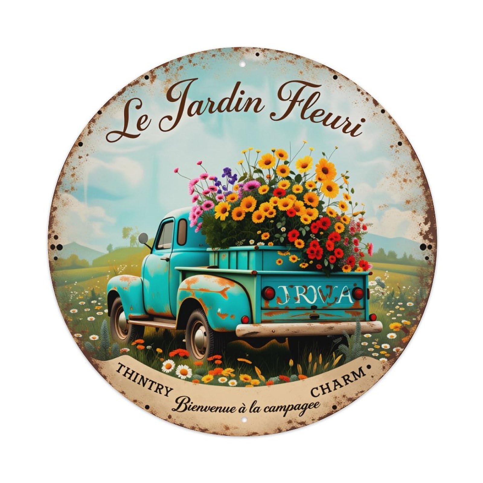 Vintage Truck Flower Garden Scene Vintage Metal Tin Sign Retro Wall Decor for Home Bar Garage Cafe, Indoor & Outdoor Decorative，circle Metal Poster, 8x8 Inch