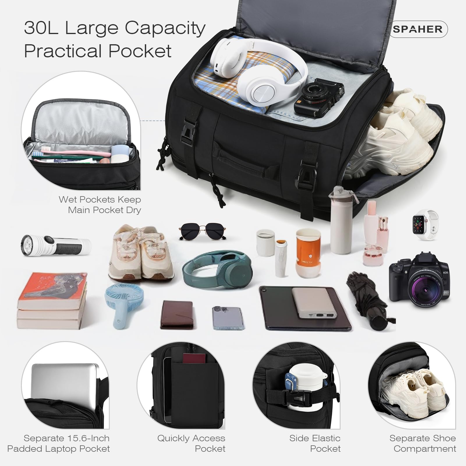 SPAHER Expandible Mochila Viaje Cabina Avión 40x30x15 British Airways 40x30x20 Ryanair Vueling Equipaje de Mano Mujer Hombres Mochila Portatil 15.6 Pulgadas con Puerto de Carga USB, Negro