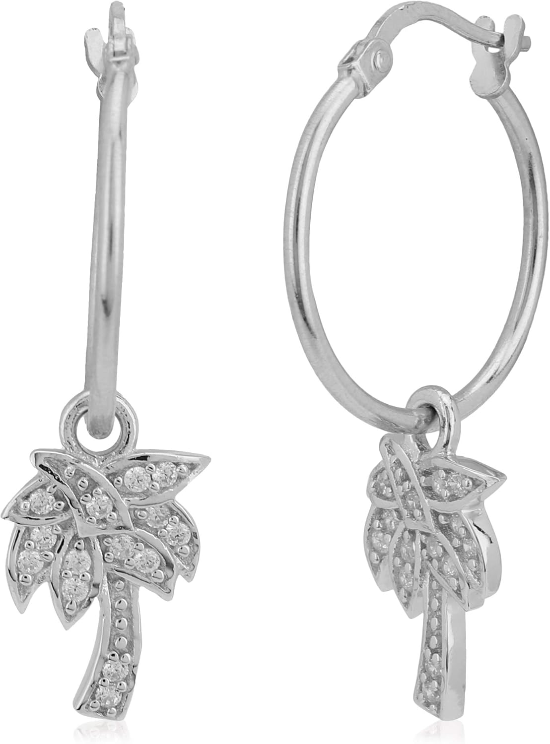 Vanbelle Sterling Silver Jewelry - Rhodium Plated with 925 Stamp - Round Hoop Earring with Dangling Palm Tree with Cubic Zirconia Stones - Elegant Handcrafted for Women