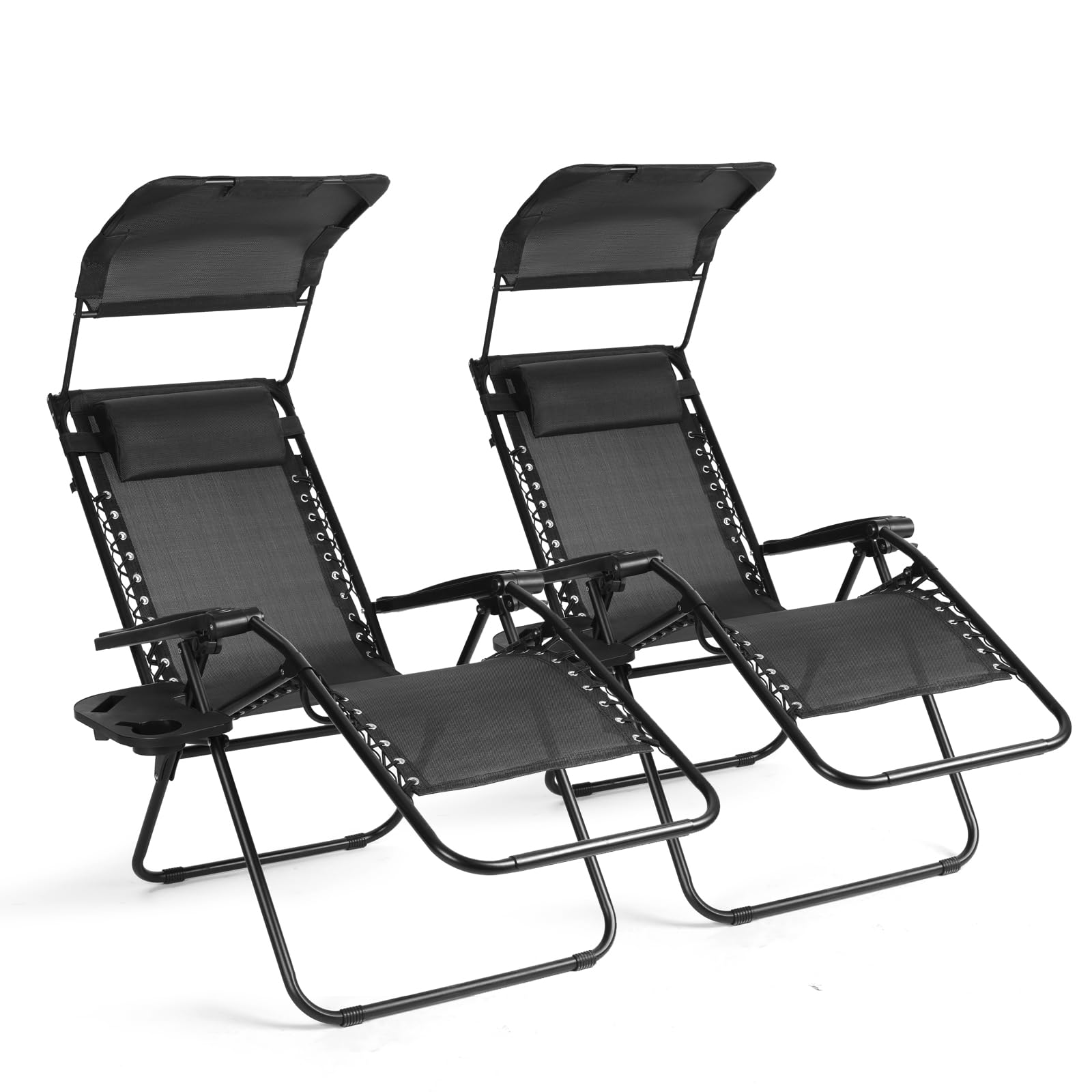 VOWNER Pack de 2 Sillas de Gravedad Cero Plegables, Tumbona de Jardín con Parasol Ajustable y Posavasos, Sillón Relax para Balcón, Terraza, Camping, Playa