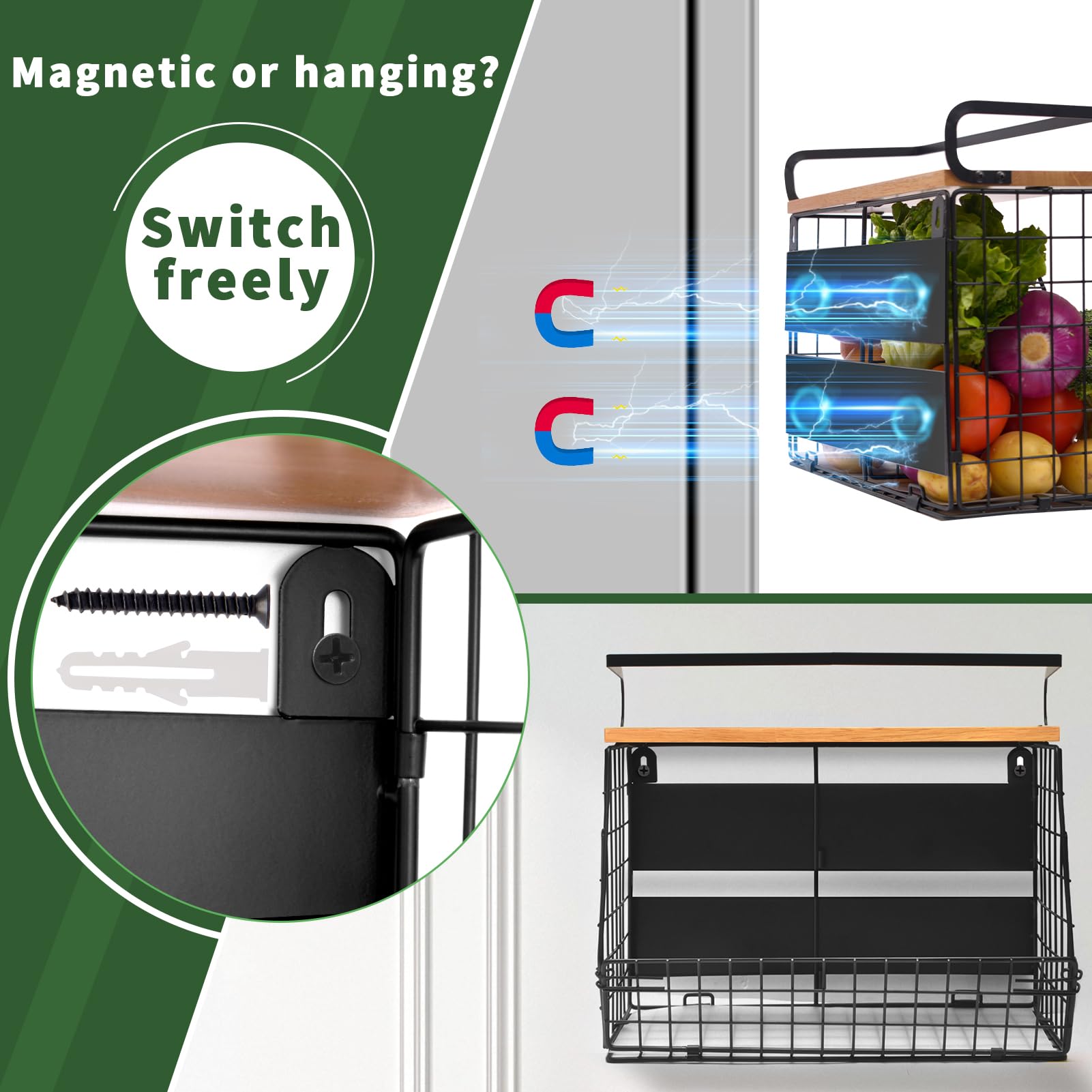 Lermende Magnetico Porta Frutta Cucina: 2 in 1 Scaffale Magnetici per Frigorifero, Organizer da Cucina Senza Forature con 4 Ganci Mobili per Cucina, Lavanderia, Area Ristoro, Spazio Relax.