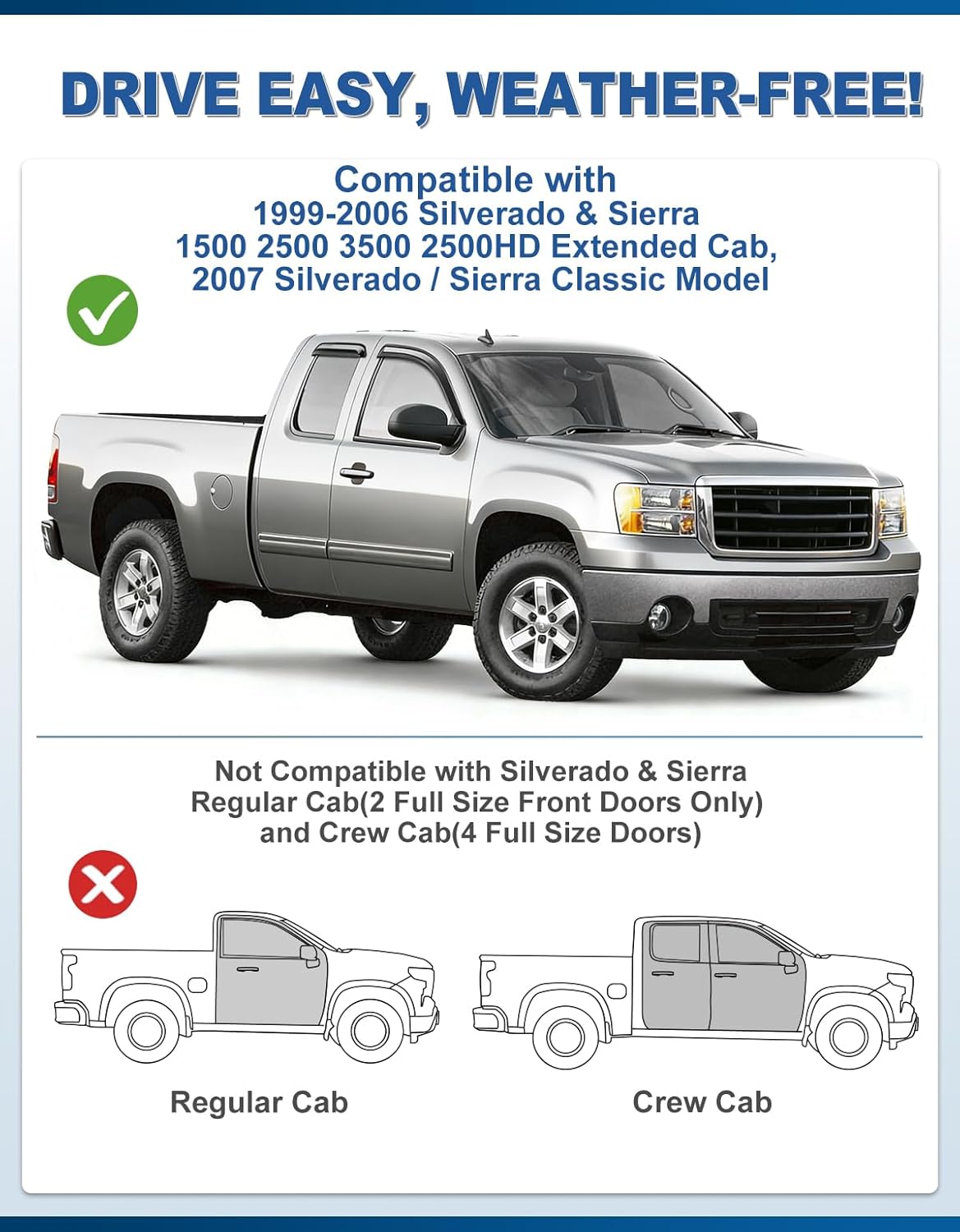 Out-Channel Window Rain Guards Fit for 1999-2006 Chevy Silverado/GMC Sierra Extended Cab, Window Visors Vent Visors Vent Shades Wind Deflector Dark Smoke Car Tape-on with Thicker 4PCS