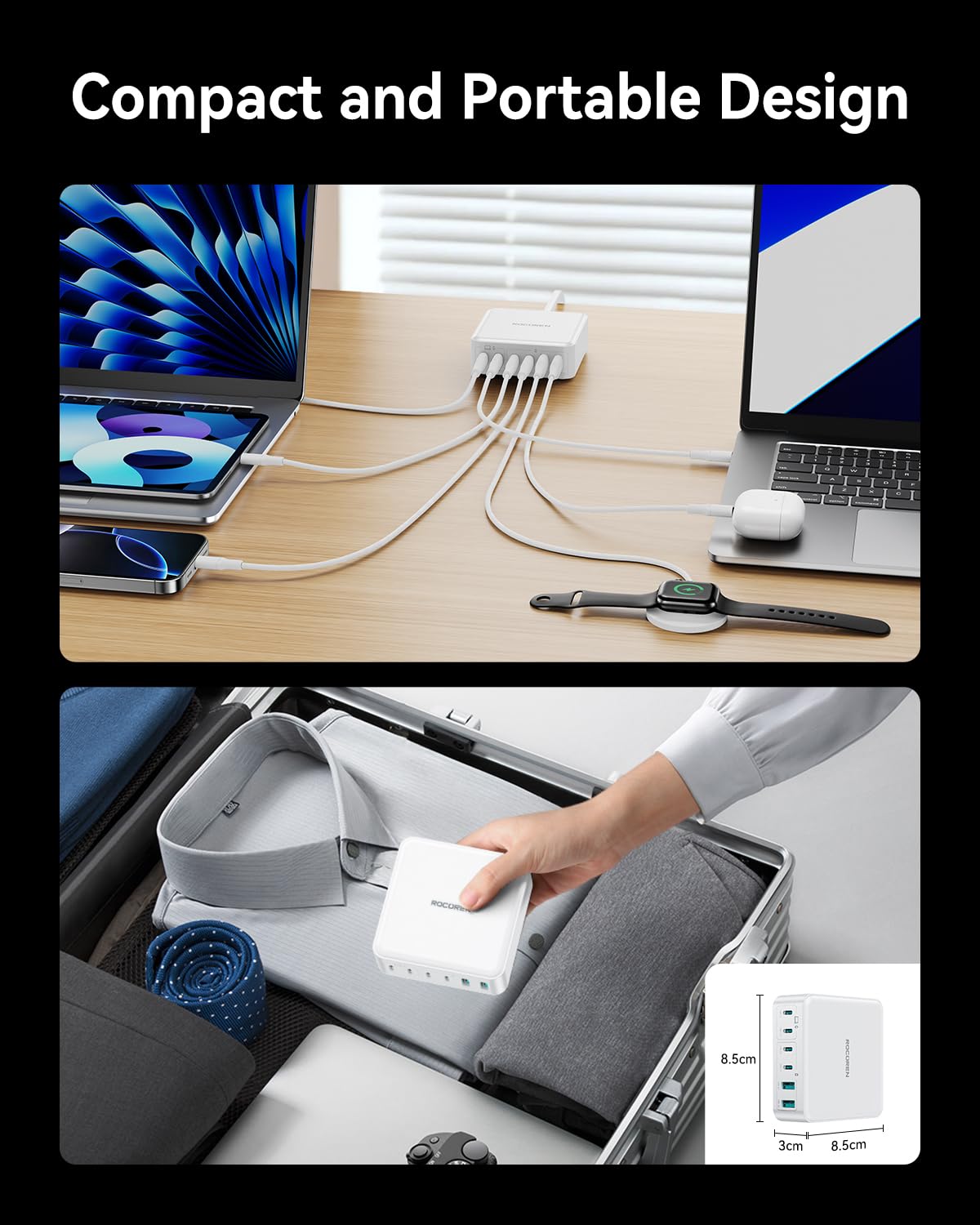 Rocoren Ładowarka USB C 270 W, GaN 6-portowa PD 100 W QC4.0 PPS 2-Laptop USB Stacja ładująca Szybka ładowarka Wielokrotny zasilacz sieciowy do MacBook Pro Air, iPhone 16,15,14Pro, Galaxy S25,S24