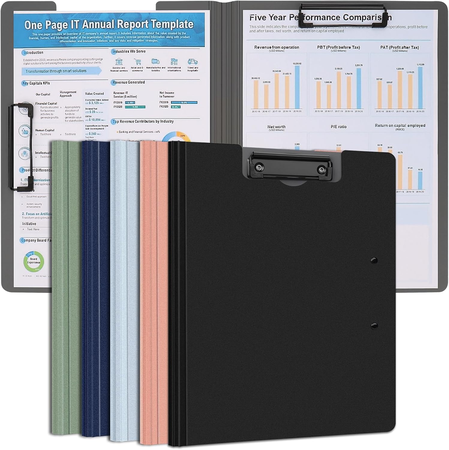 5 PCS Clipboard Foldable,360°Cover Folder Clipboard Plastic Clipboards with Double Low Profile Clip,File Folder Storag Clipboards for A3 A4 Paper, Clip Boards for Office School Supplies-Colored