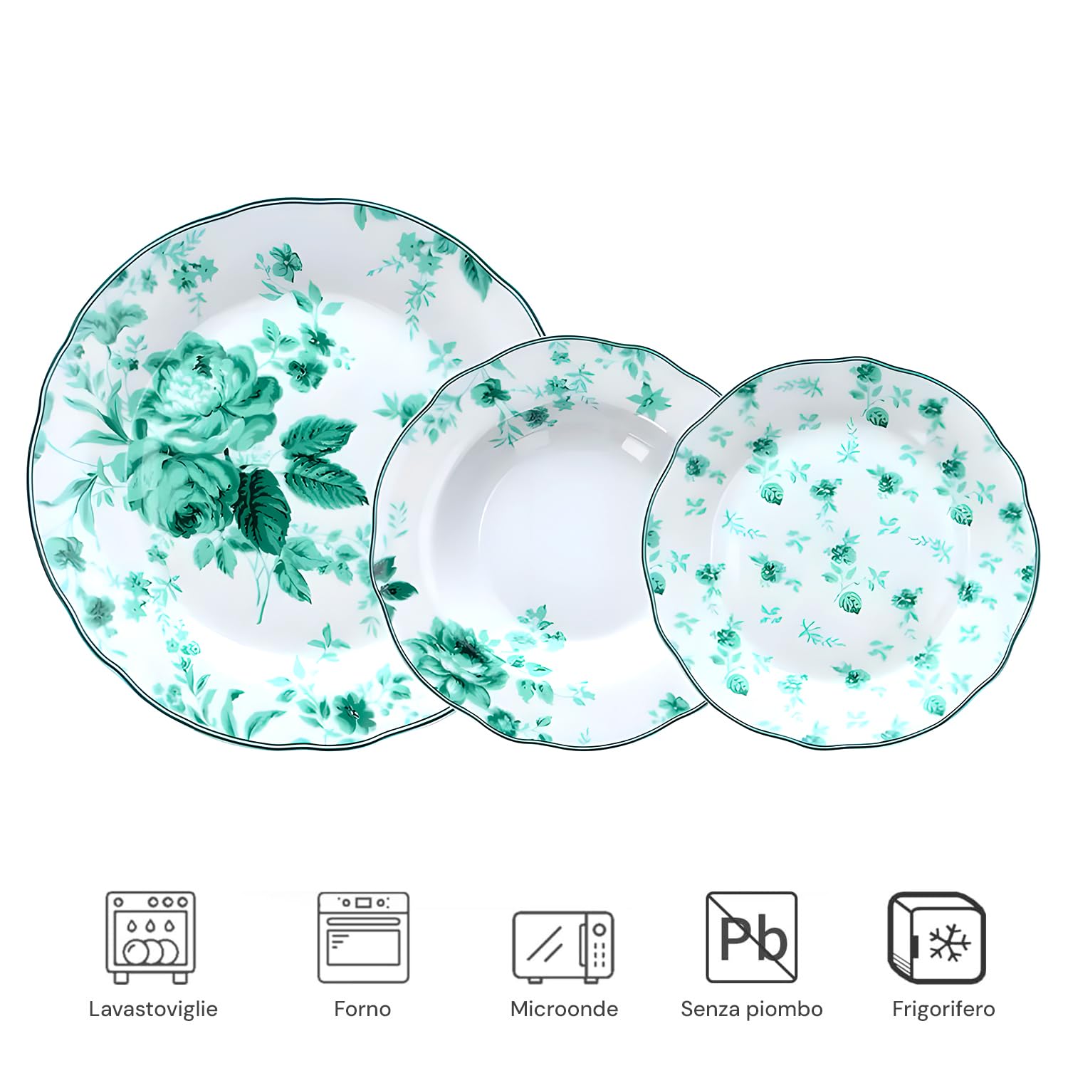 Wintem Porcelanowy serwis obiadowy z talerzami obiadowymi, talerzami obiadowymi i deserowymi - idealny na specjalne okazje lub do codziennego użytku - zestaw talerzy dla 6 osób - biały z zielonymi