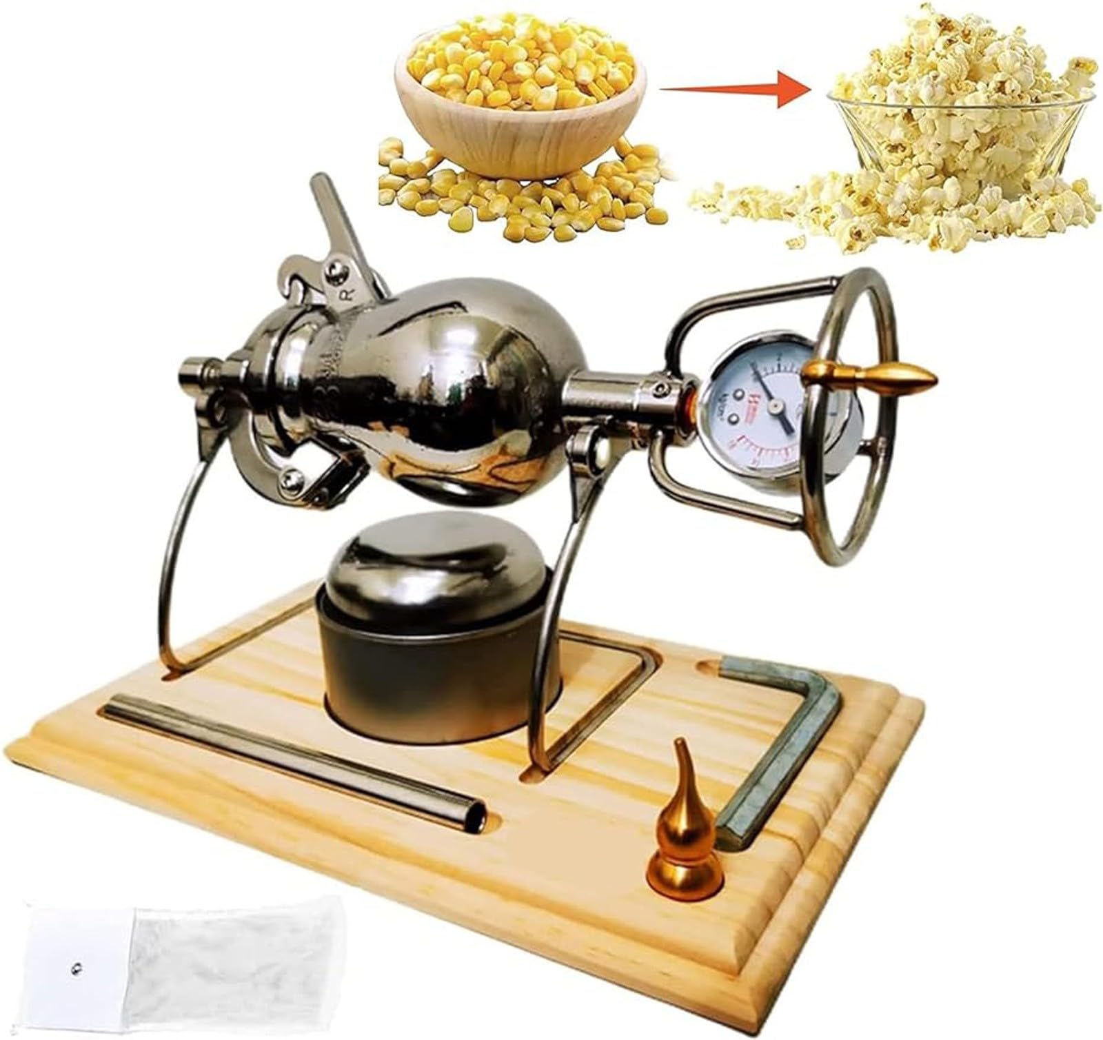 Popcornmaschine mit hohem Druck, Popcorn, Mais, manuelle Maschine, Popcorn, Mais, traditionelle chinesische Lebensmittelverstärker, mit manueller Edelstahlröhre (300 ml)
