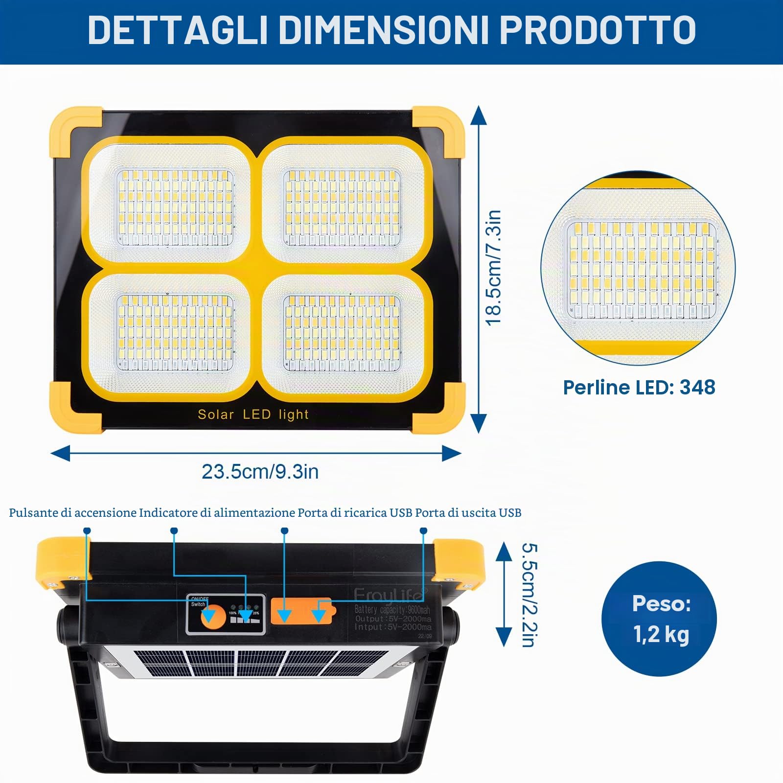 Faro LED Ricaricabile 120W, Faretto Lampada LED Ricaricabile Portatile Solare/348 LEDs/2 Magnetiche/4 Modalità/Banca di Energia, Proiettore LED Ricaricabile per Cantiere, Intrattenimento, Emergenza