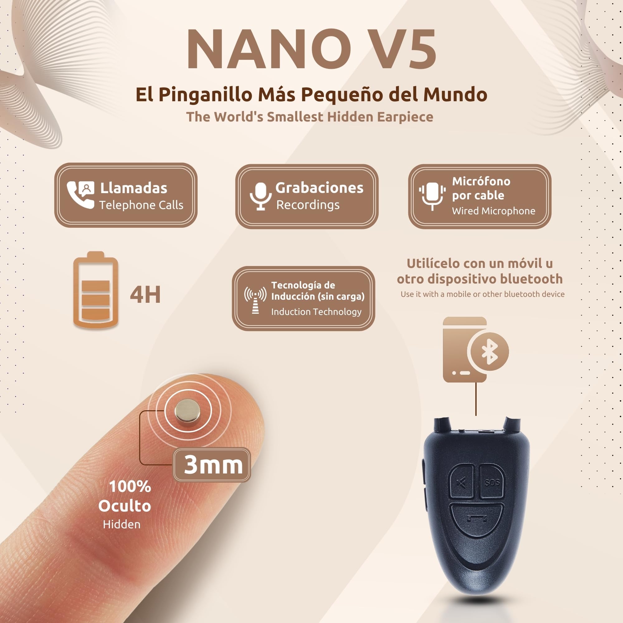 PingaOculto Pinganillo Bluetooth Examenes Microfono por Cable (Imán V5) | Botón multifunción, Llamadas y grabaciones, iPhone y Android, Función SOS, Invisible, Auricular inalámbrico, Tamaño mini