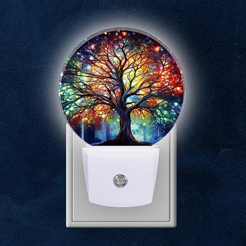 Miniatura 1 de Lámpara de noche LED redonda con sensor de atardecer a amanecer, vibrante árbol de la vida con ramas, luz nocturna enchufable a la pared para