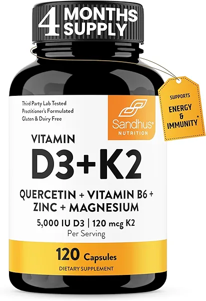 Sandhu's Vitamin D3 K2 Magnesium 5000 IU, 120mcg K2 Capsules 120 Count (Pack of 1) | with VIT B6, Zinc & Quercetin | D3K2 Supports Superior Absorption, Energy, Immune, Muscle Health for Men & Women