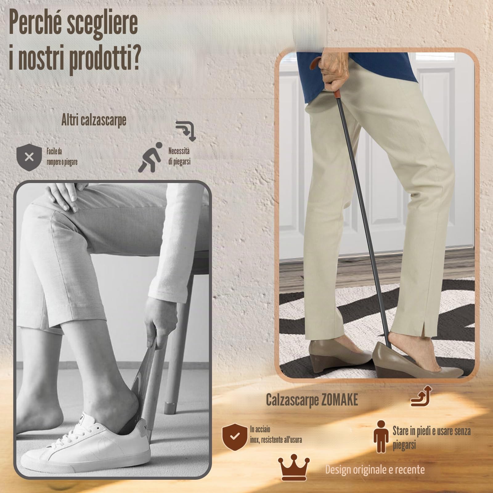 ZOMAKE Calzascarpe Lungo, Calza Scarpe Metallo Extra Lungo | Calzante per Scarpe, Shoe Horn Corto per Uomini Donne Anziani