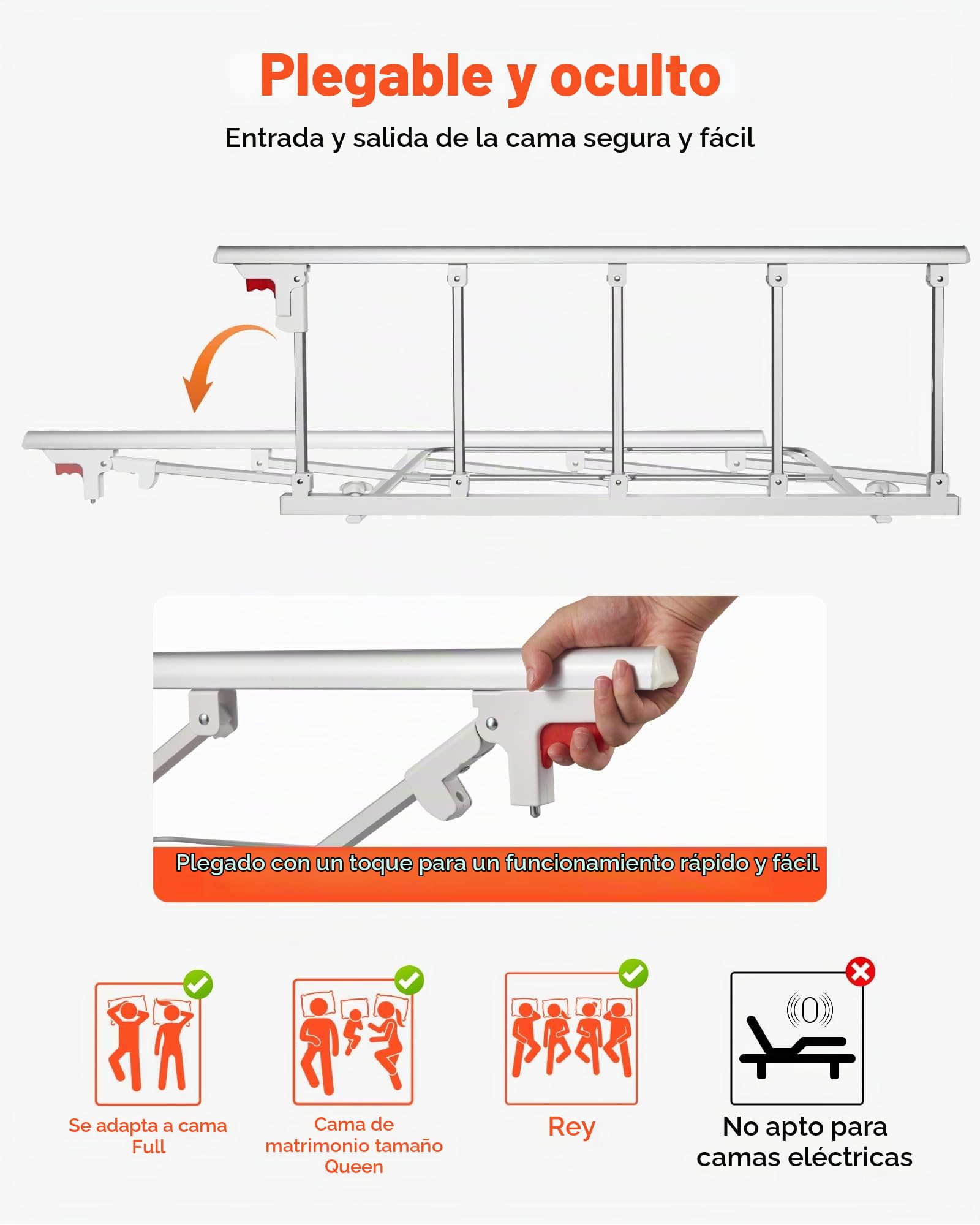 VEVOR Barandilla de Cama Plegable Personas Mayores, 122 cm, con Correa de Sujeción, Protección Anticaídas, Asa de Protección a Las Manos y Protector de Bordes, a Camas King, Queen, Matrimoniales