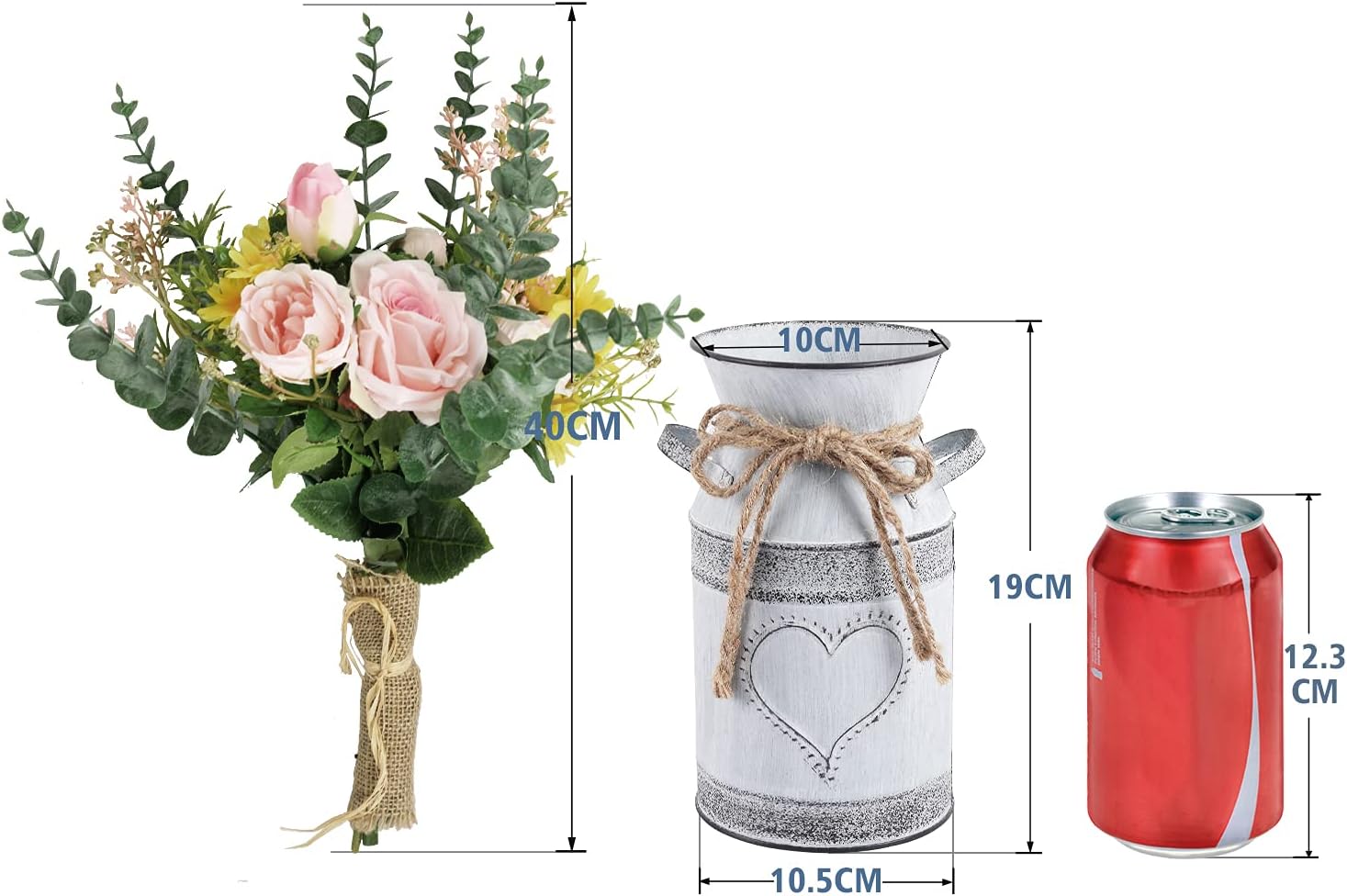 LIBWYS Metal Flower Vase Milk Can Rustic Style with Rose & Eucalyptus Shabby Chic Metal Vase for Rustic Home Dining Table Centerpieces Decor (Pink, 1)